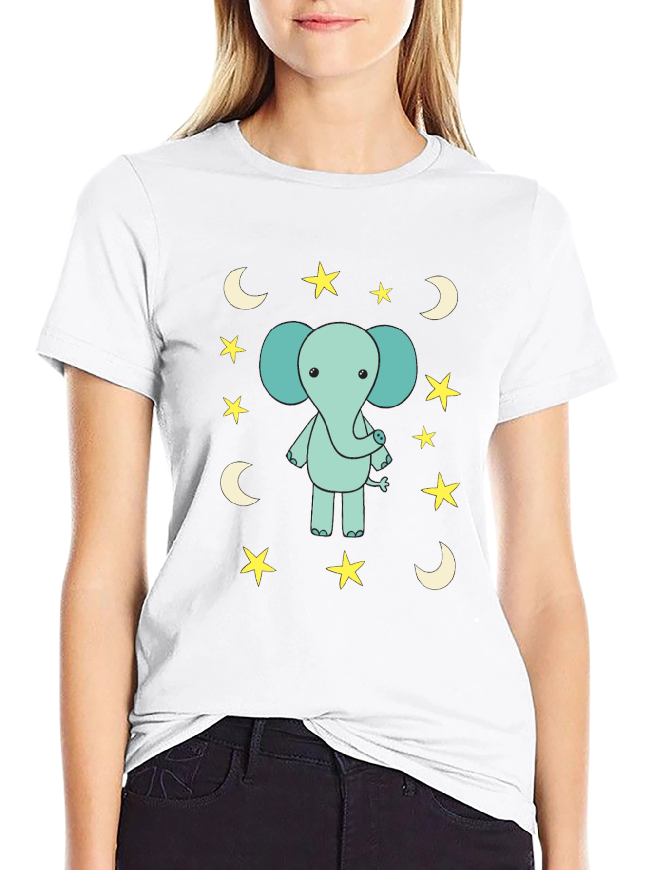 Cute Elephant Starry Night Black T-Shirt