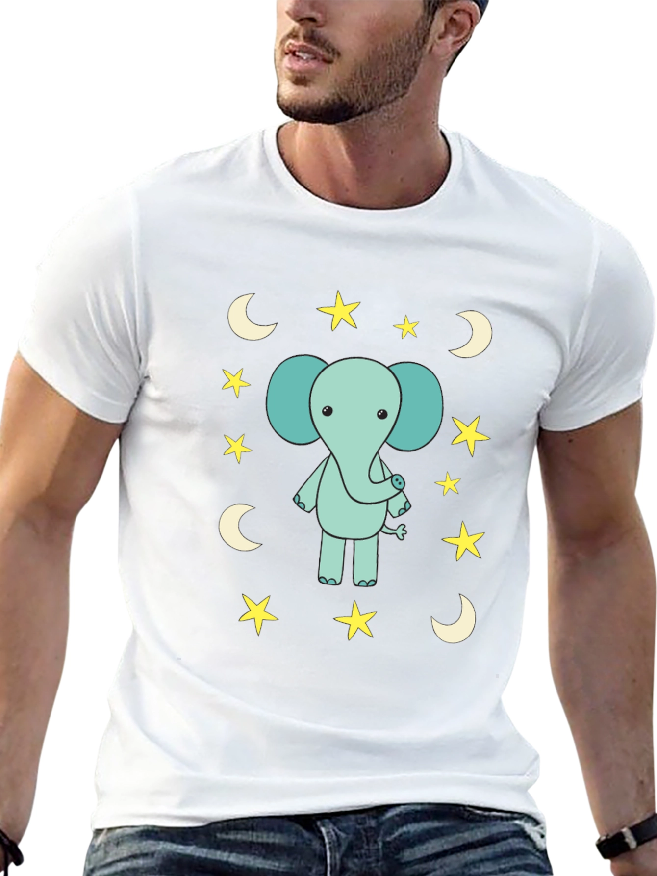 Cute Elephant Starry Night Black T-Shirt