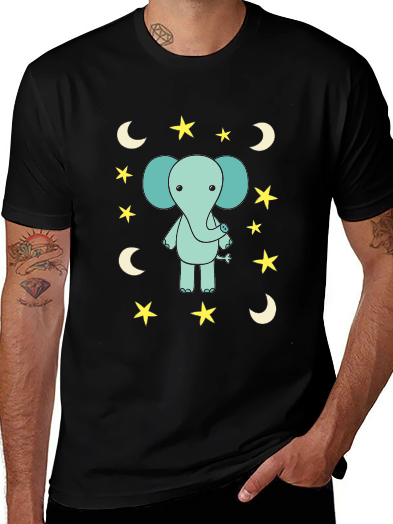 Cute Elephant Starry Night Black T-Shirt