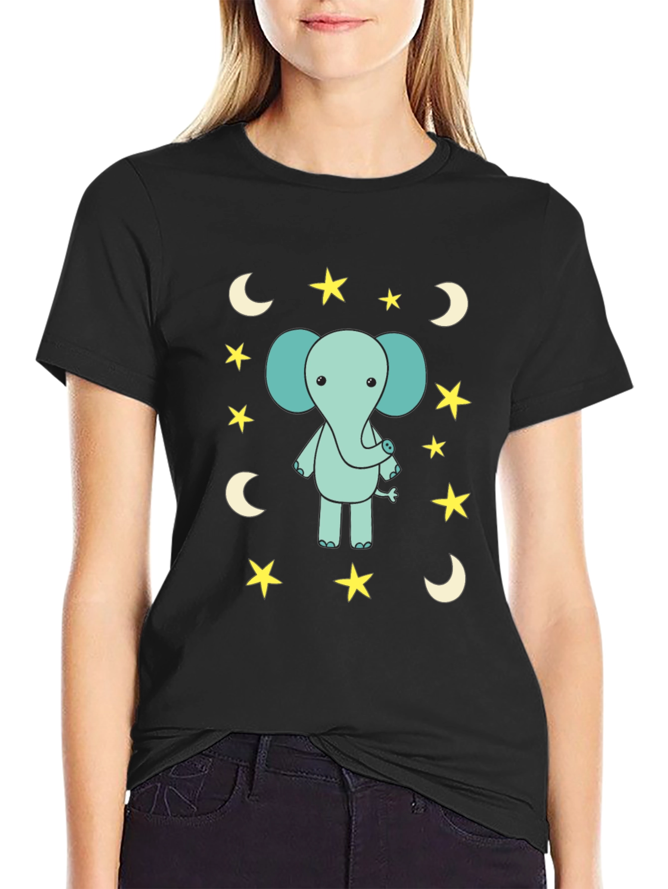 Cute Elephant Starry Night Black T-Shirt
