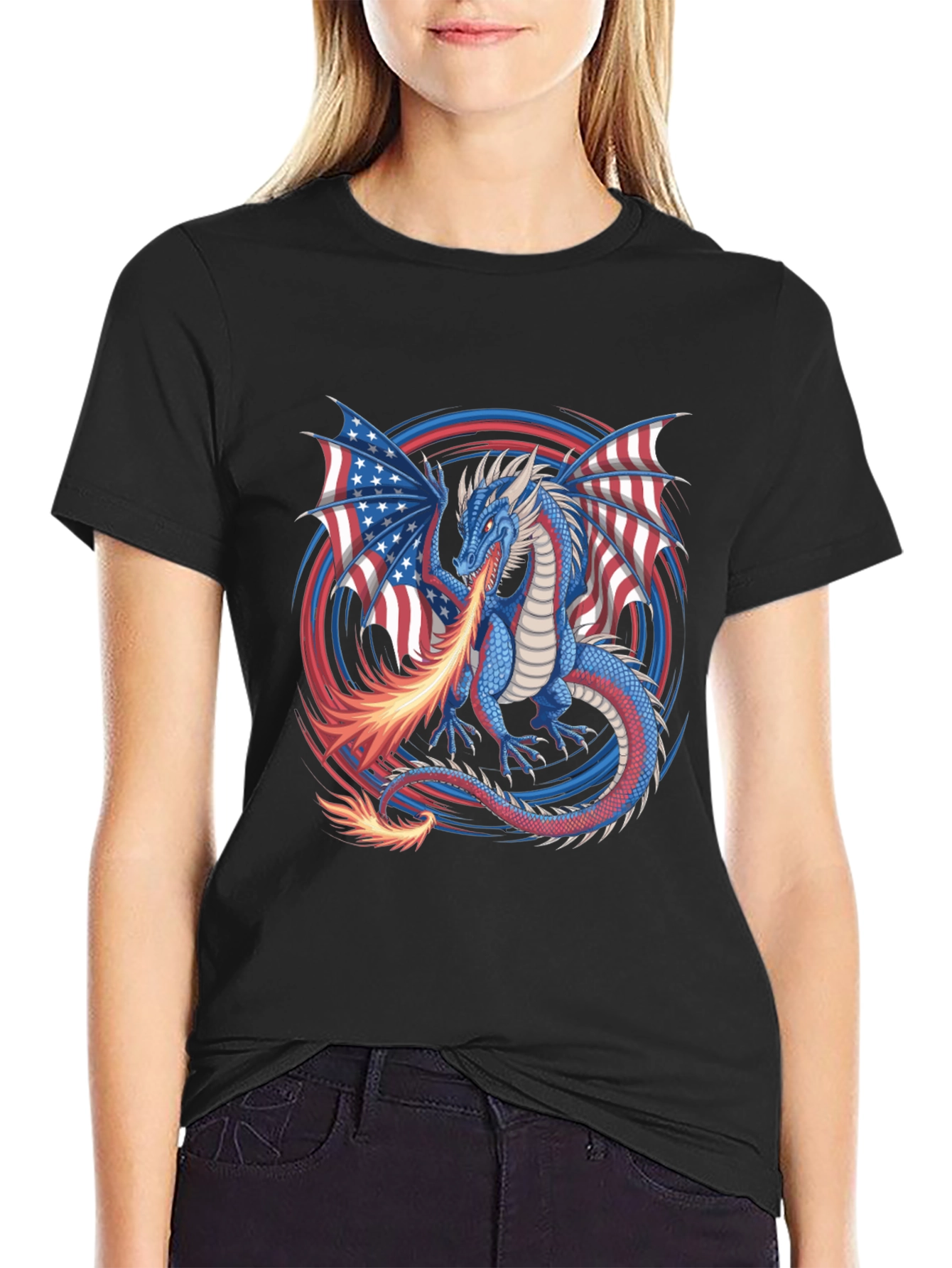 Patriotic Dragon USA Flag Graphic T-Shirt