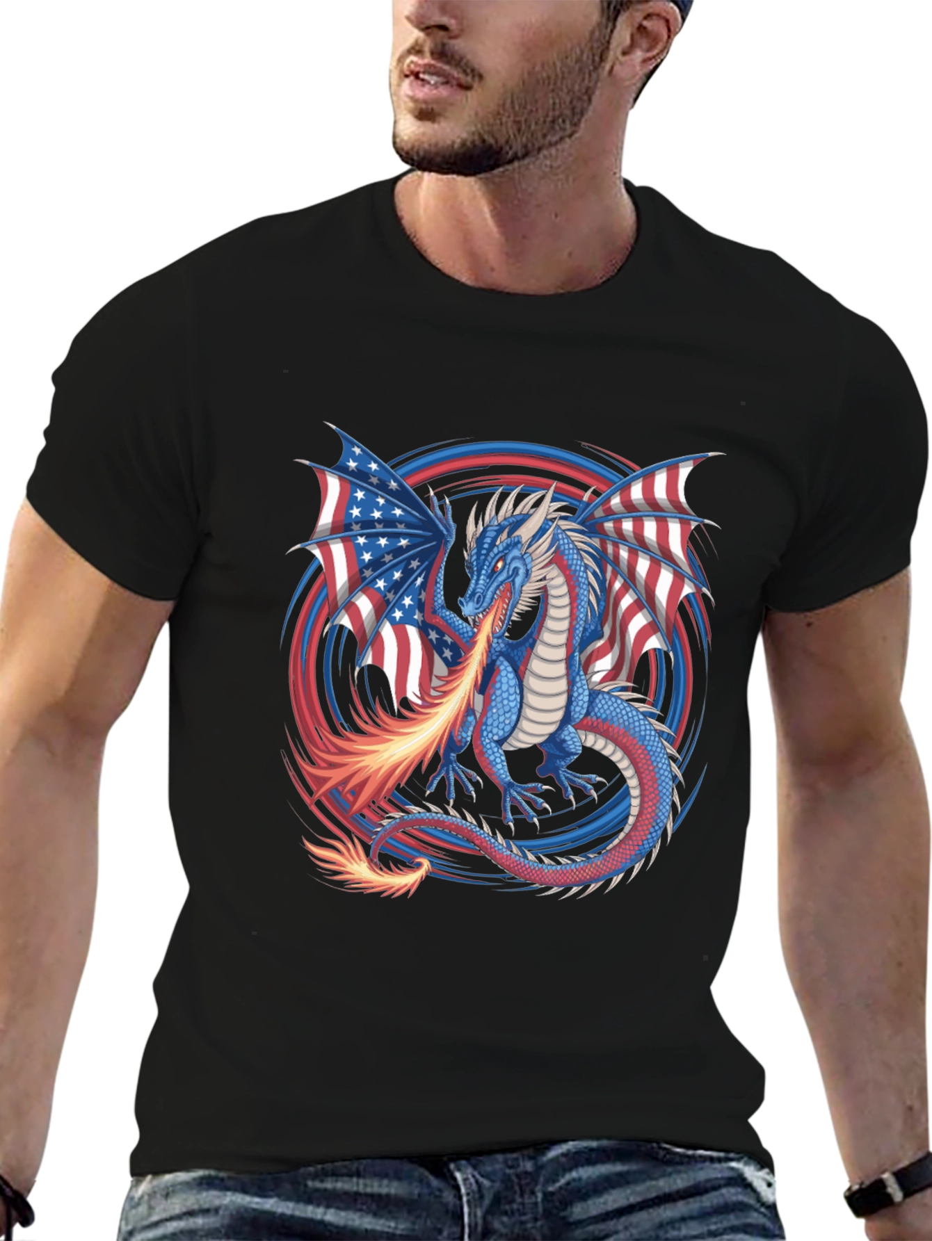Patriotic Dragon USA Flag Graphic T-Shirt