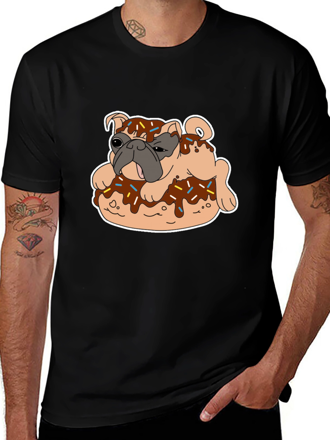 Pug on Donut Graphic Tee - Black T-Shirt