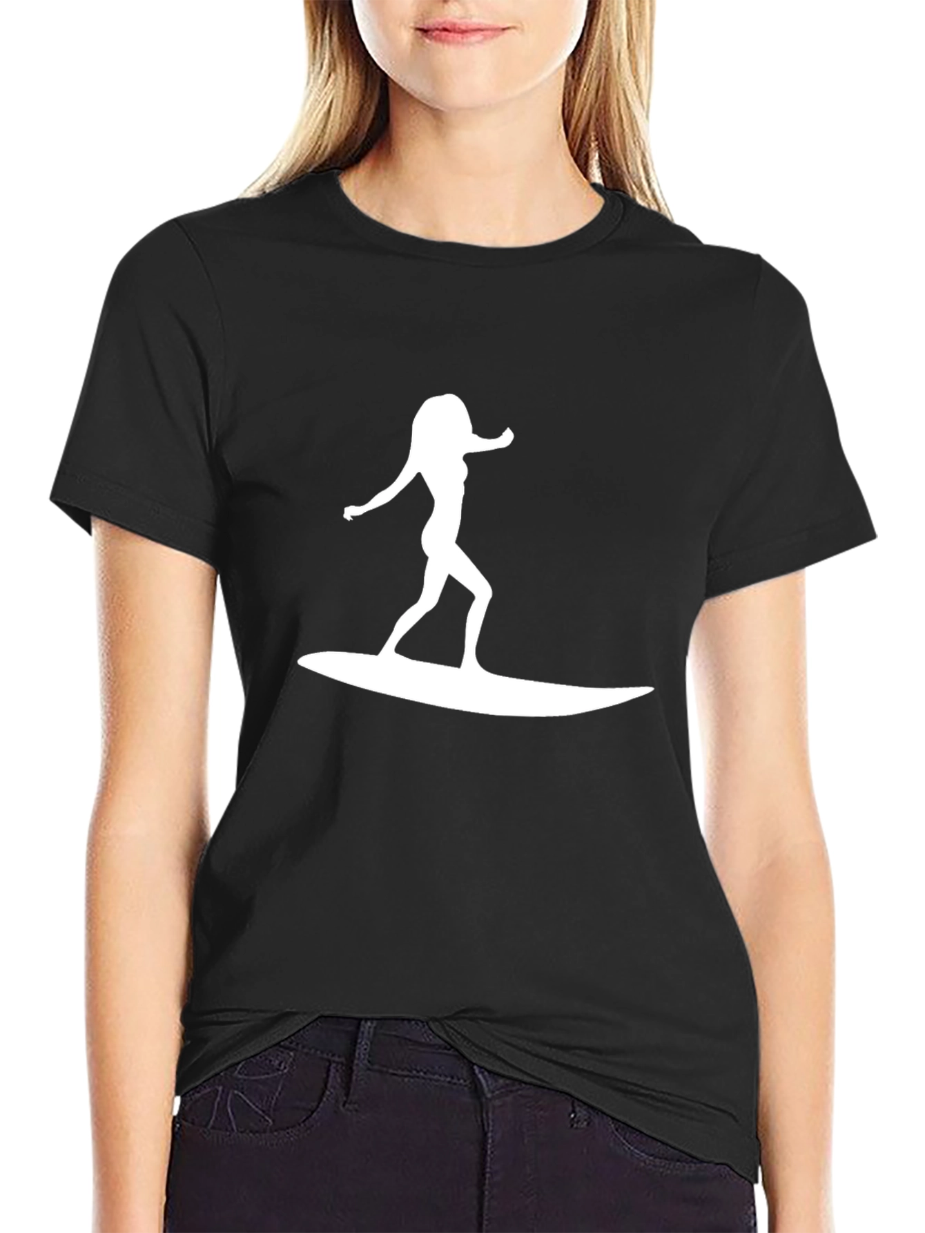 Surfer Girl Tee - Black Cotton Graphic T-Shirt