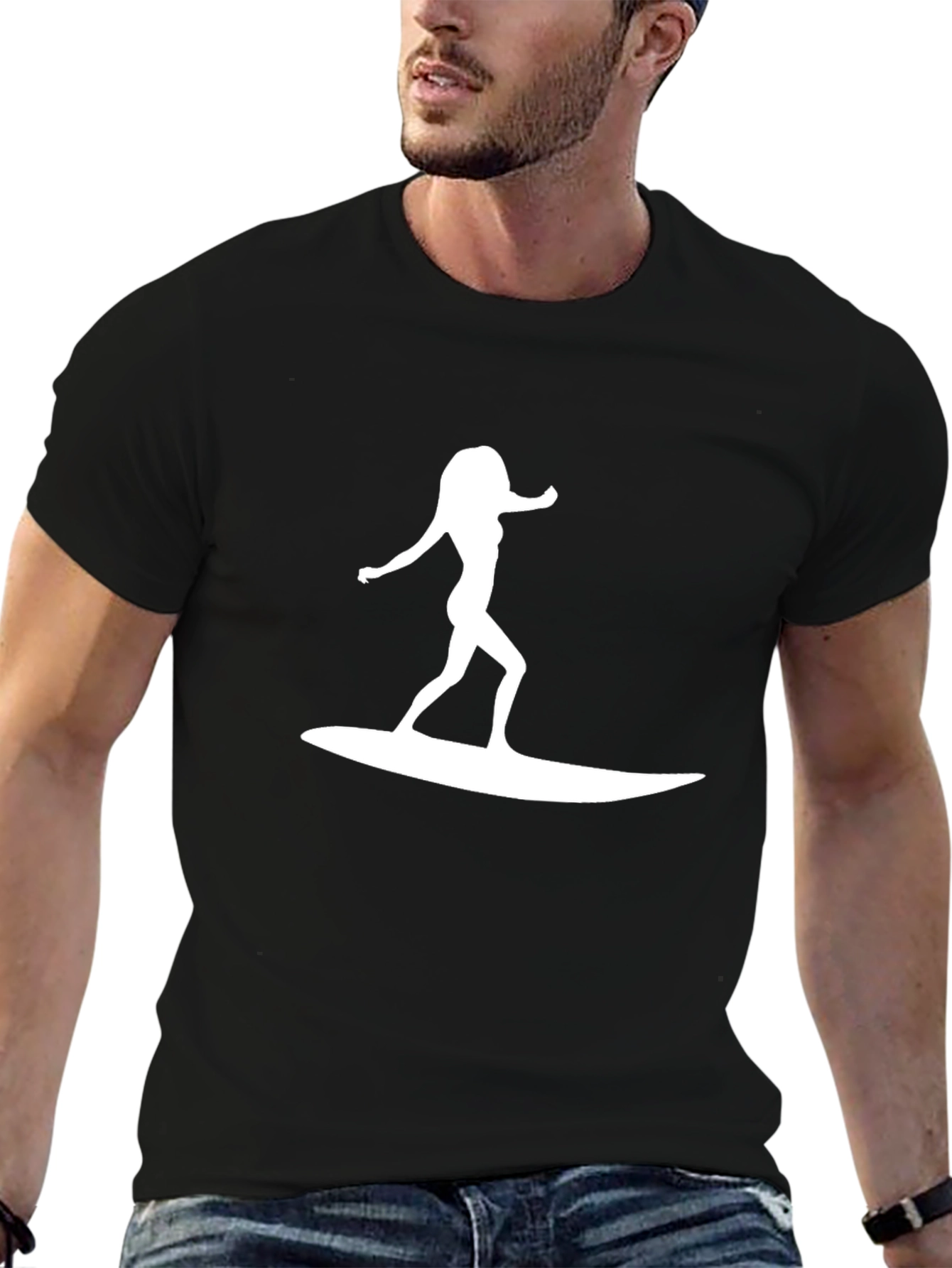 Surfer Girl Tee - Black Cotton Graphic T-Shirt