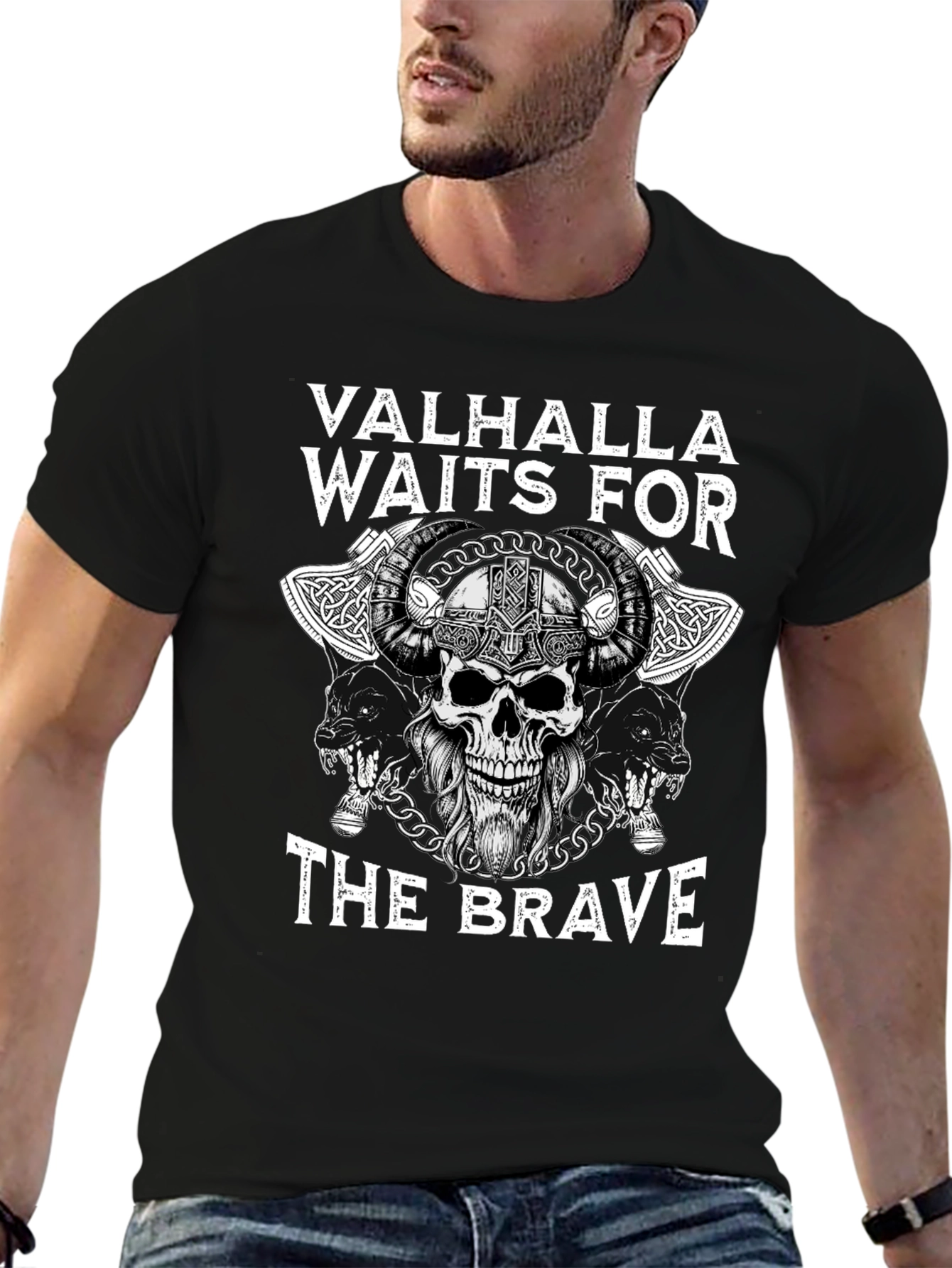 Valhalla Waits for The Brave Viking Skull T-Shirt