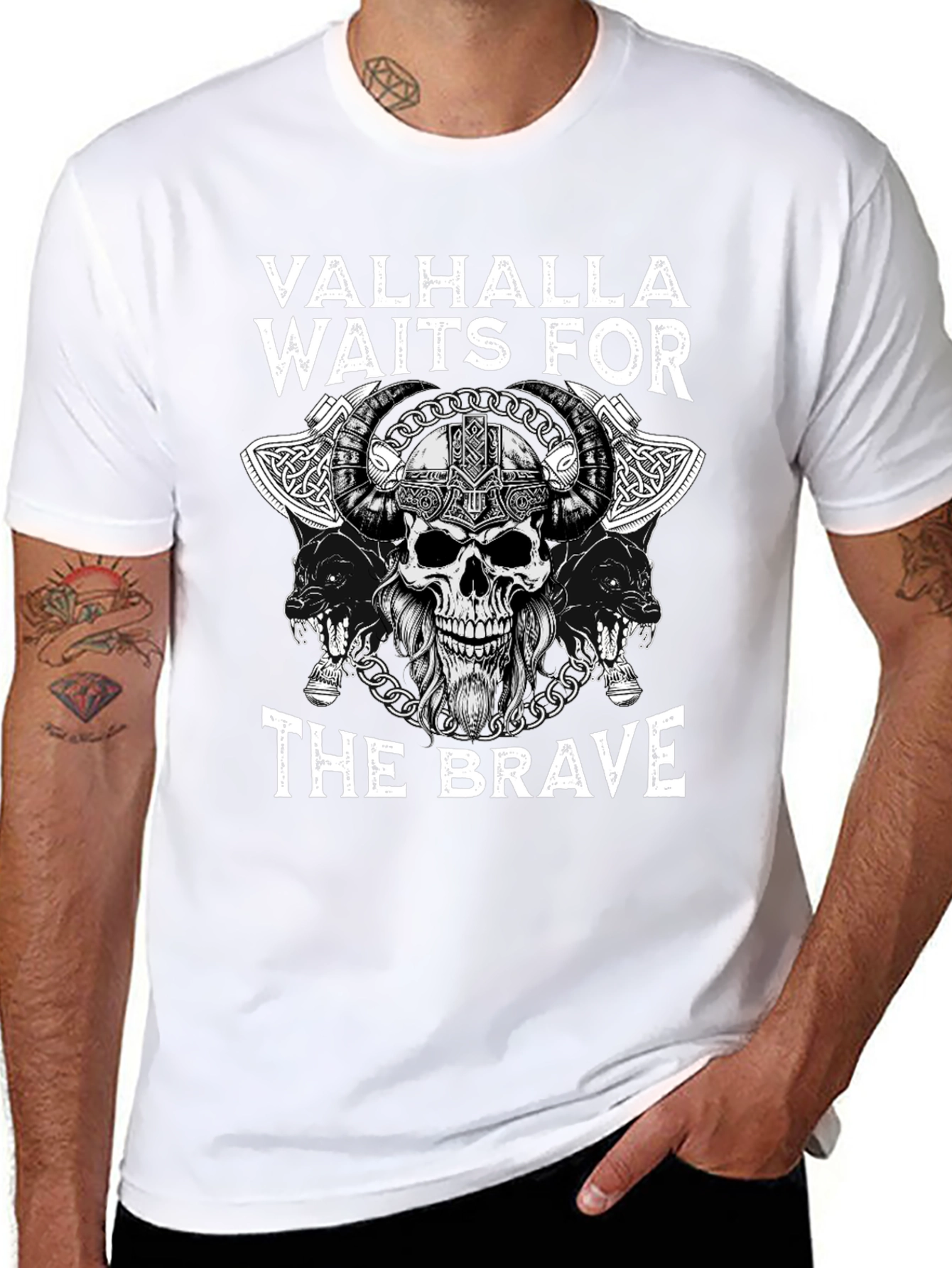 Valhalla Waits for The Brave Viking Skull T-Shirt