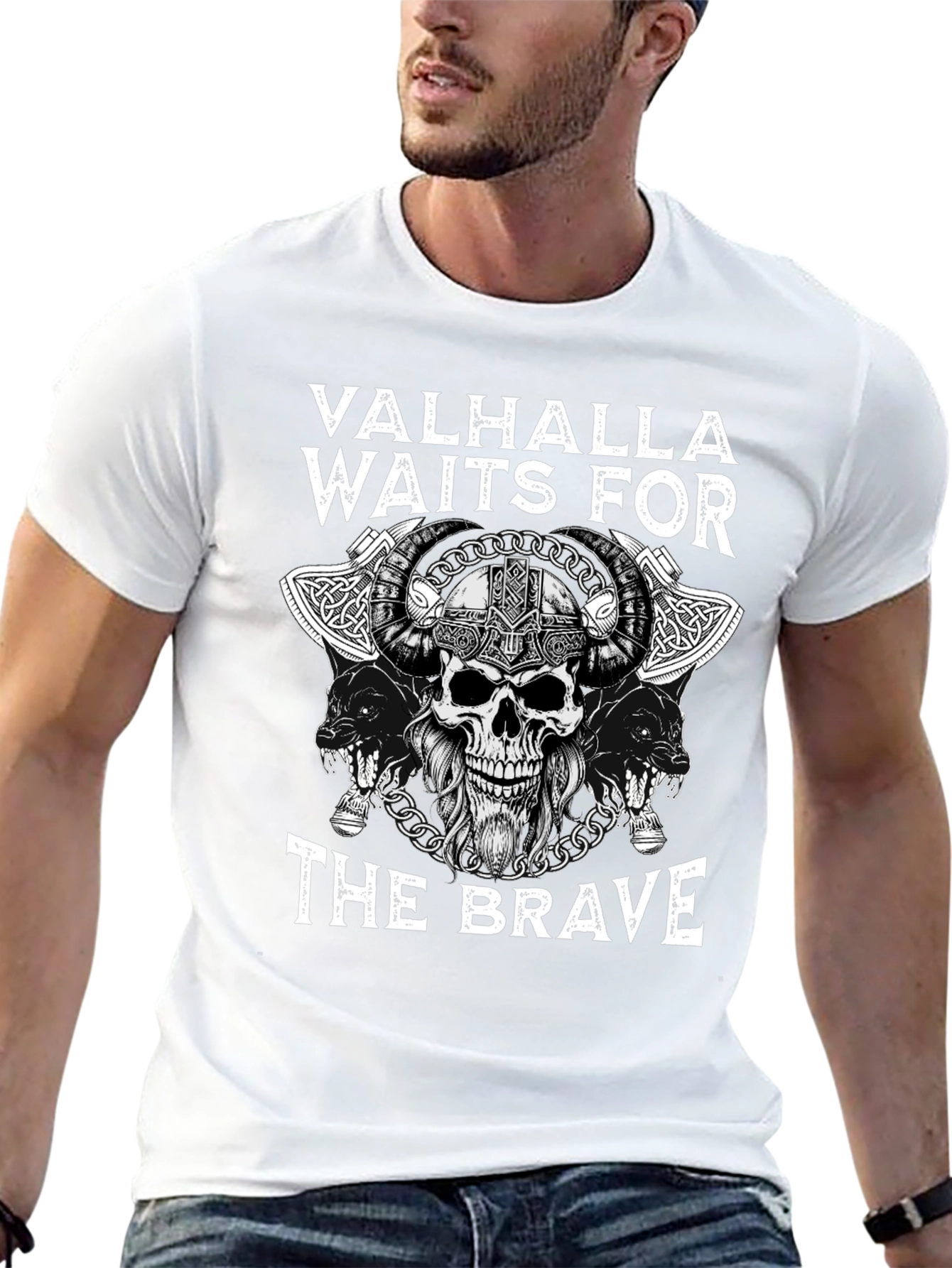 Valhalla Waits for The Brave Viking Skull T-Shirt