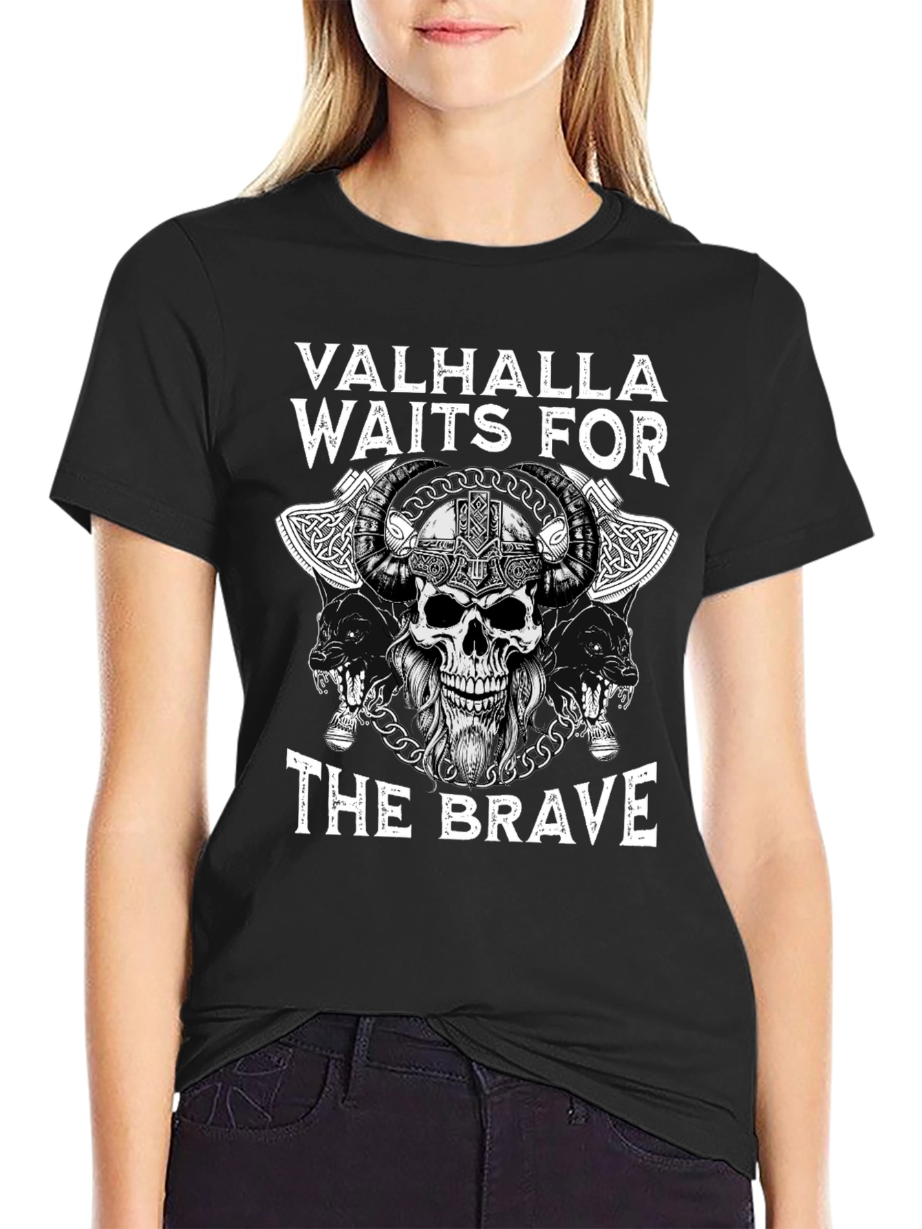 Valhalla Waits for The Brave Viking Skull T-Shirt