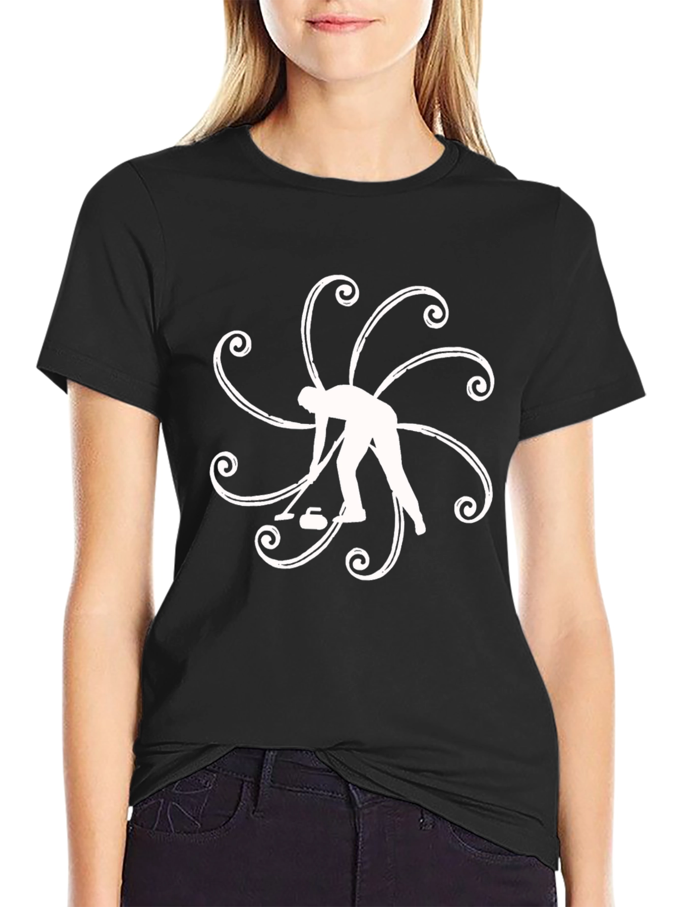 Curling Sport Black T-Shirt Graphic Design