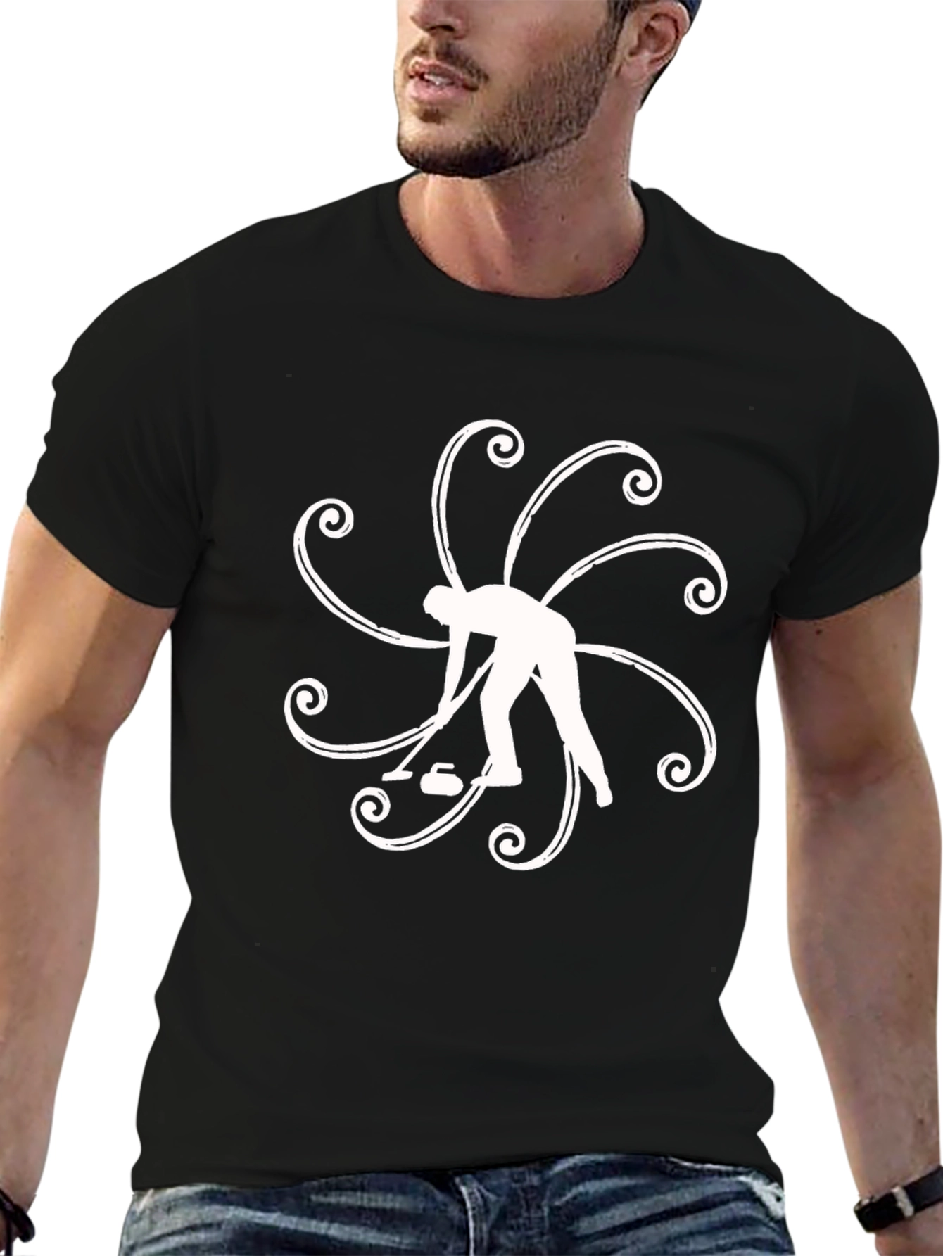 Curling Sport Black T-Shirt Graphic Design