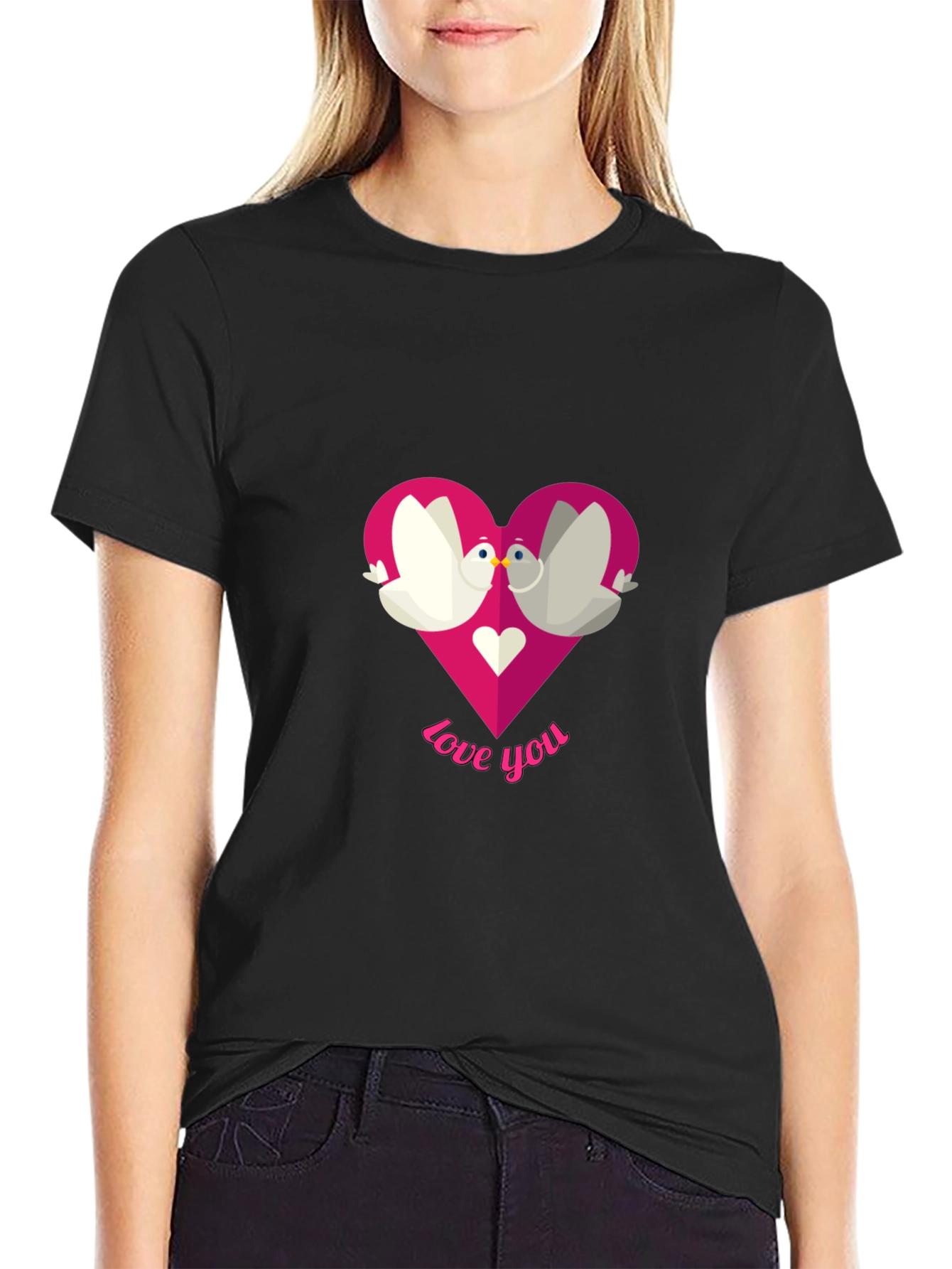 Love You Doves Heart Graphic Tee - Black T-Shirt