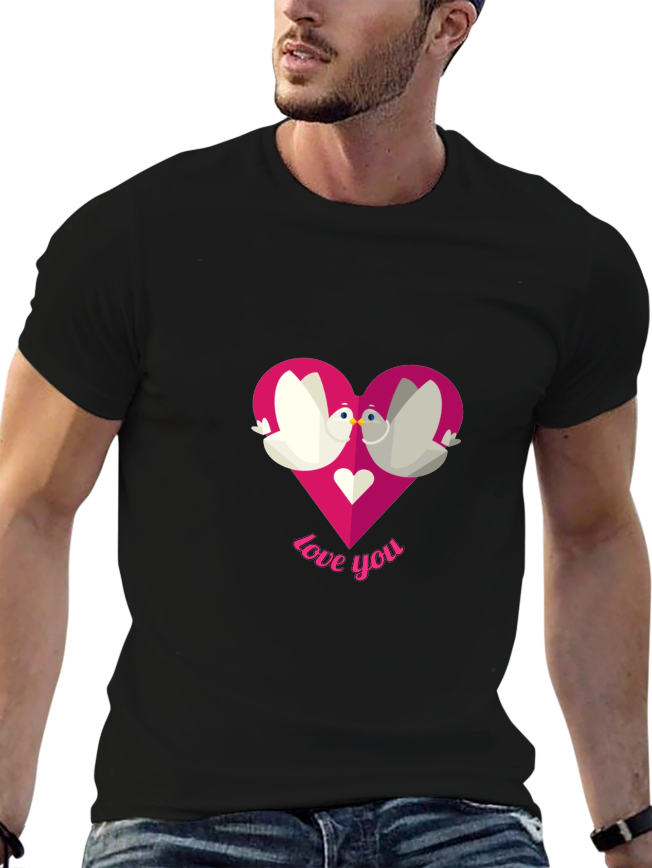 Love You Doves Heart Graphic Tee - Black T-Shirt