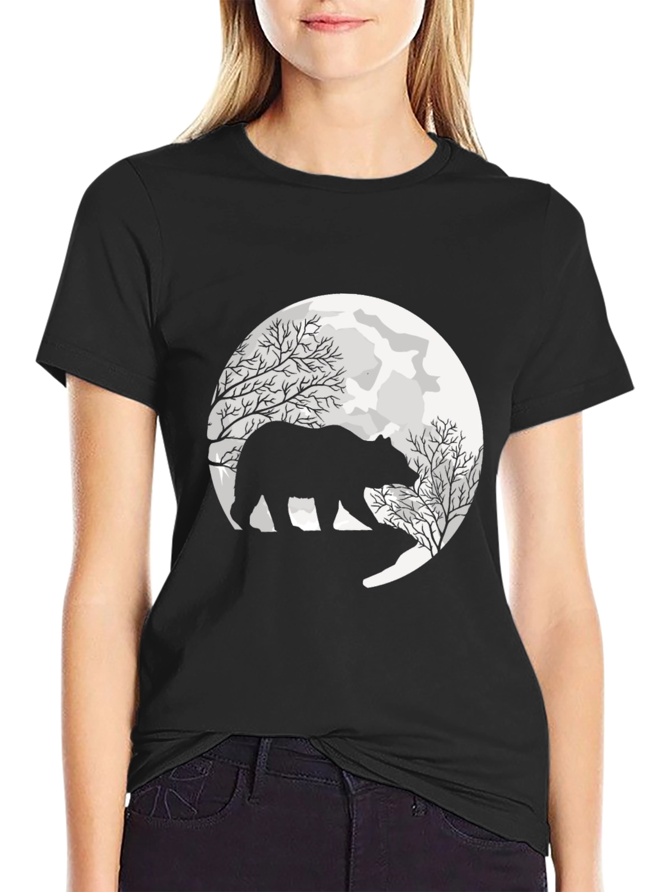 Bear Silhouette Moon Graphic Tee - Black