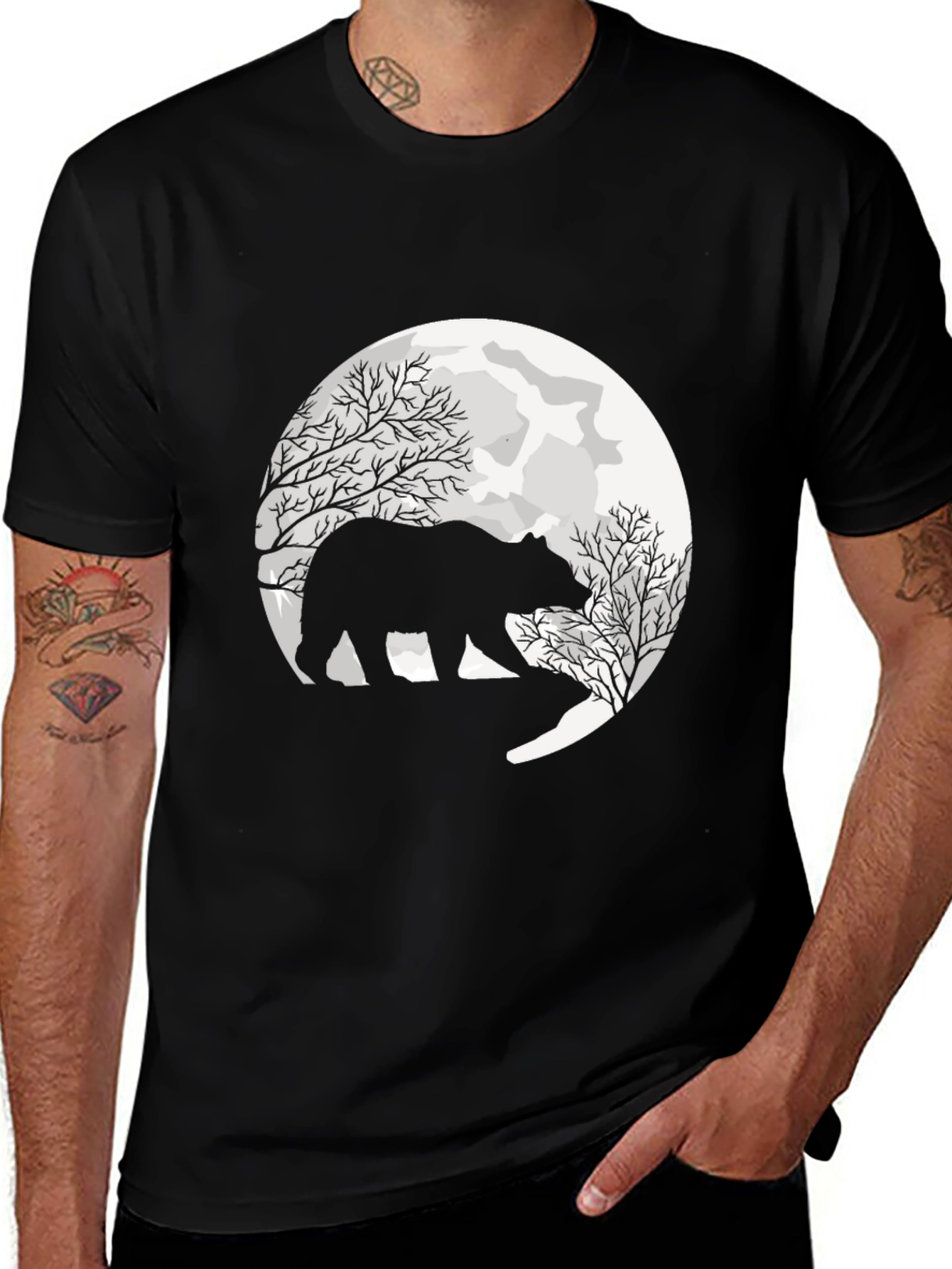 Bear Silhouette Moon Graphic Tee - Black