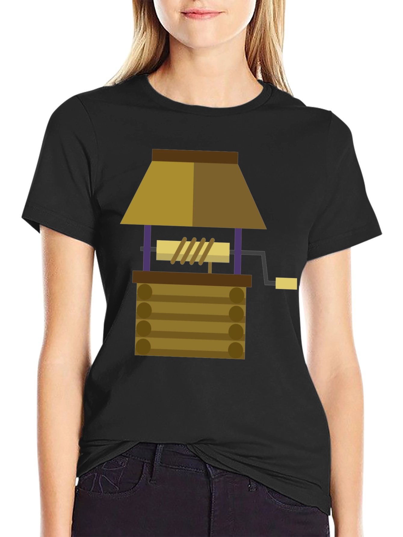 Cartoon Wishing Well Graphic Tee - Black