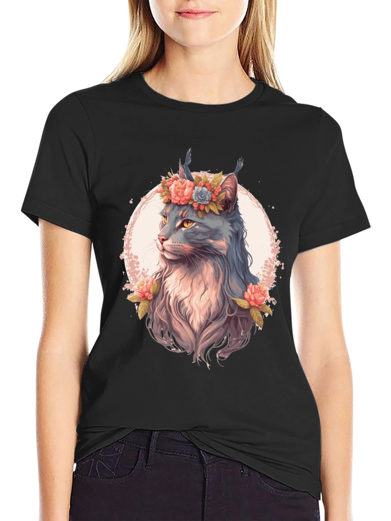 Floral Cat Graphic T-Shirt - Unisex Black Tee