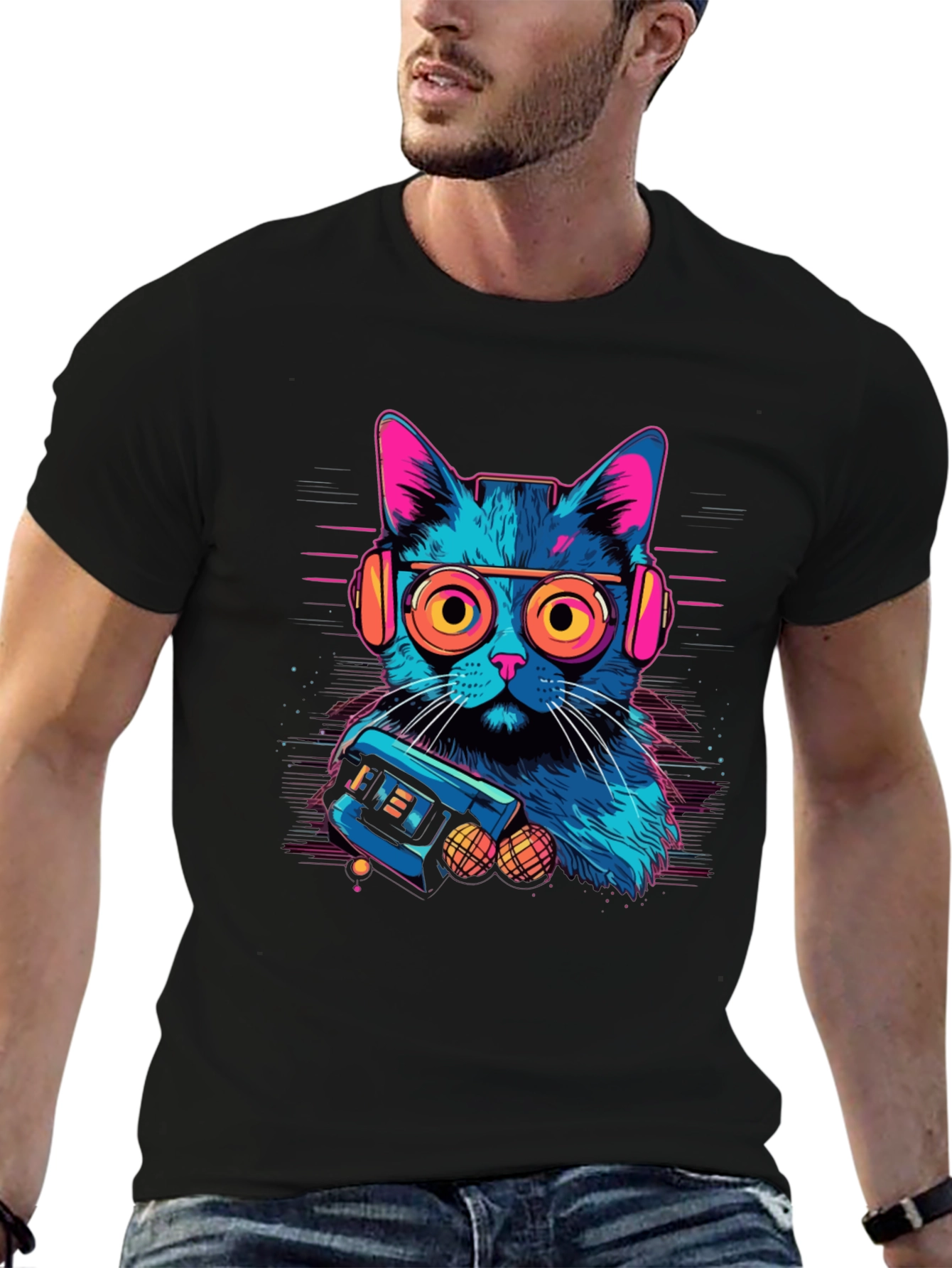 Retro Cat Gamer Black T-Shirt