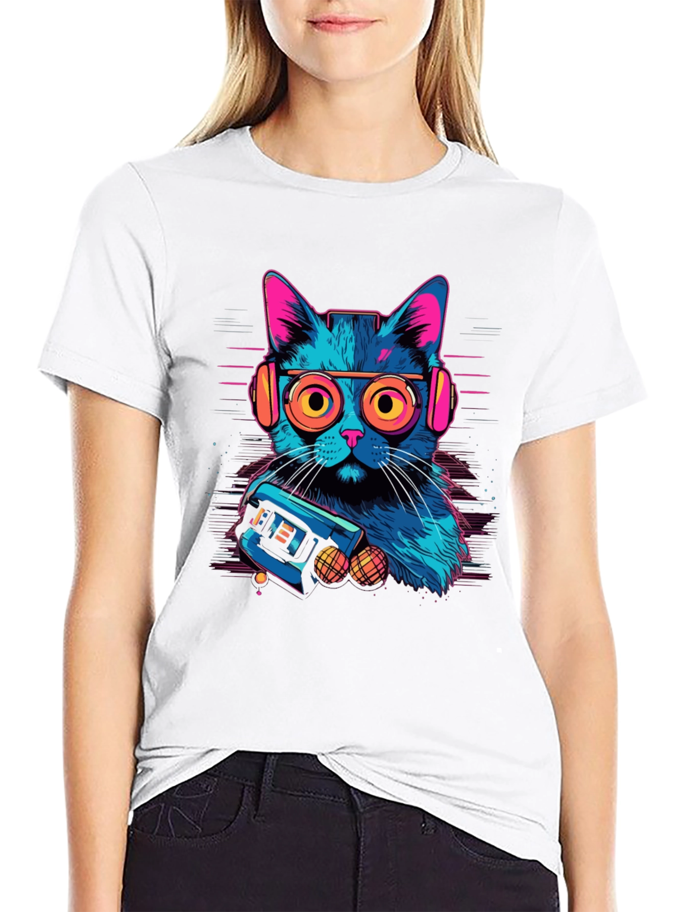 Retro Cat Gamer Black T-Shirt