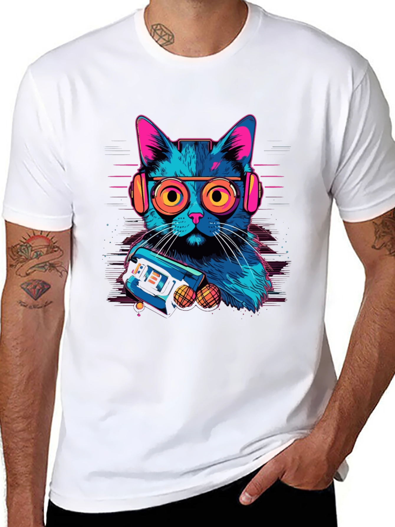 Retro Cat Gamer Black T-Shirt
