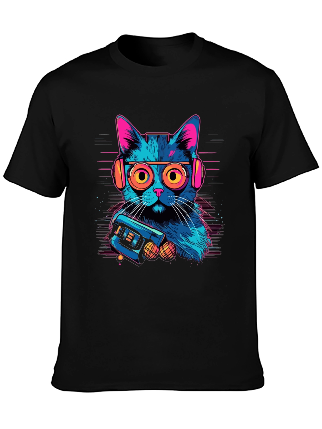 Retro Cat Gamer Black T-Shirt