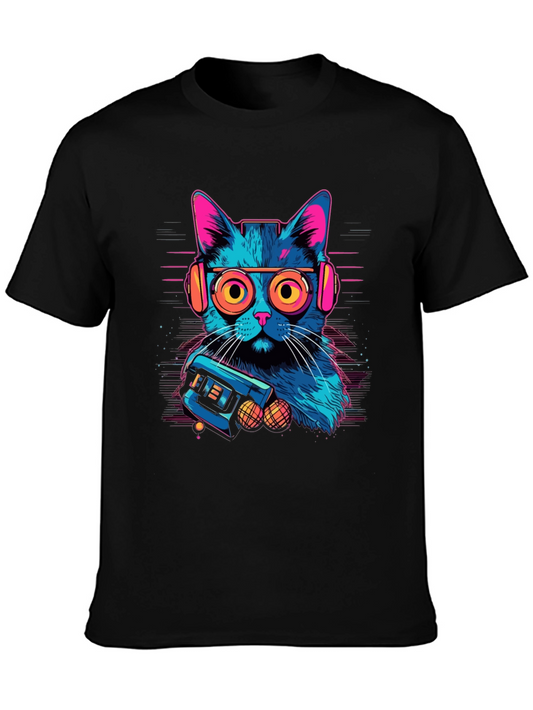 Retro Cat Gamer Black T-Shirt