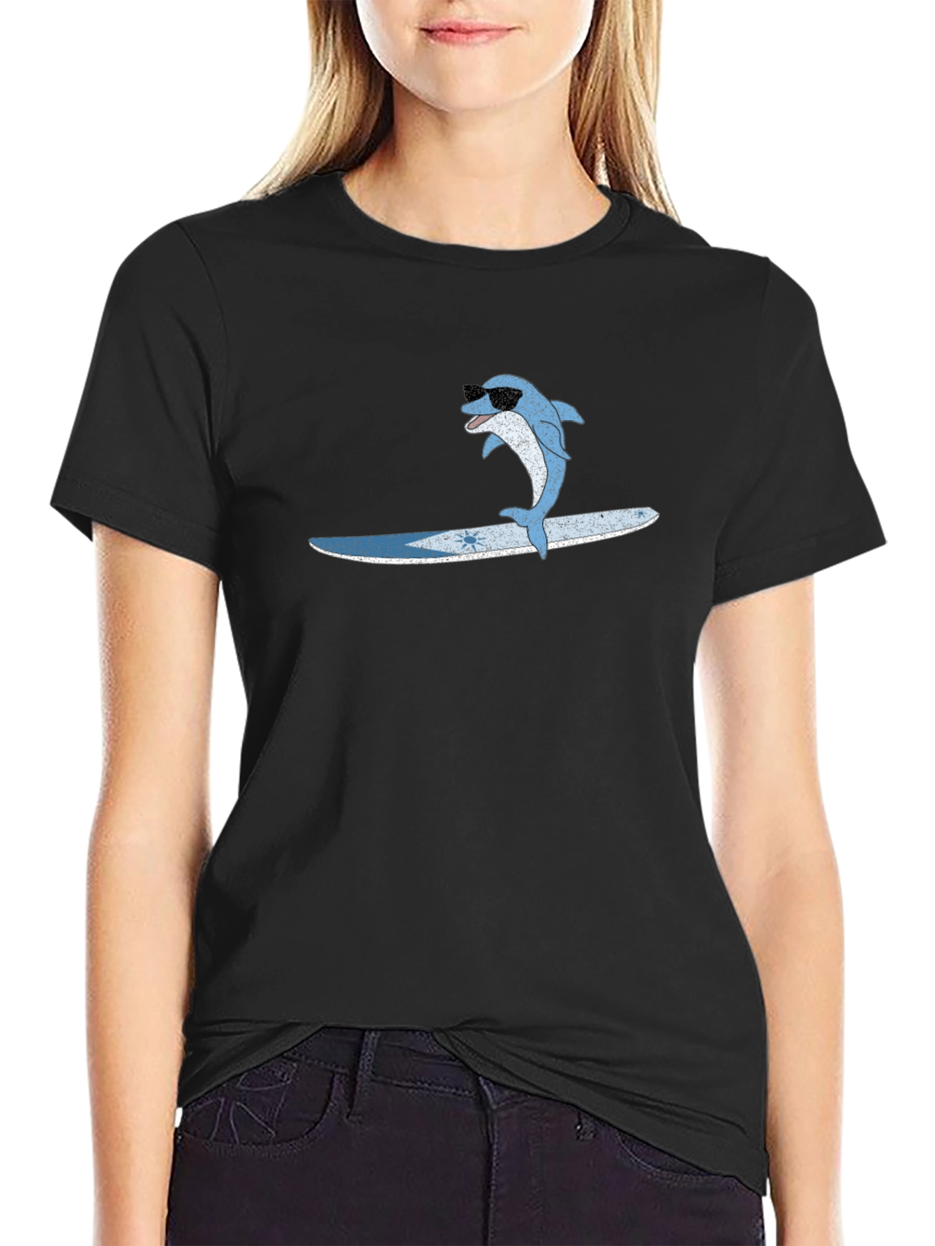 Surfing Dolphin Black T-Shirt