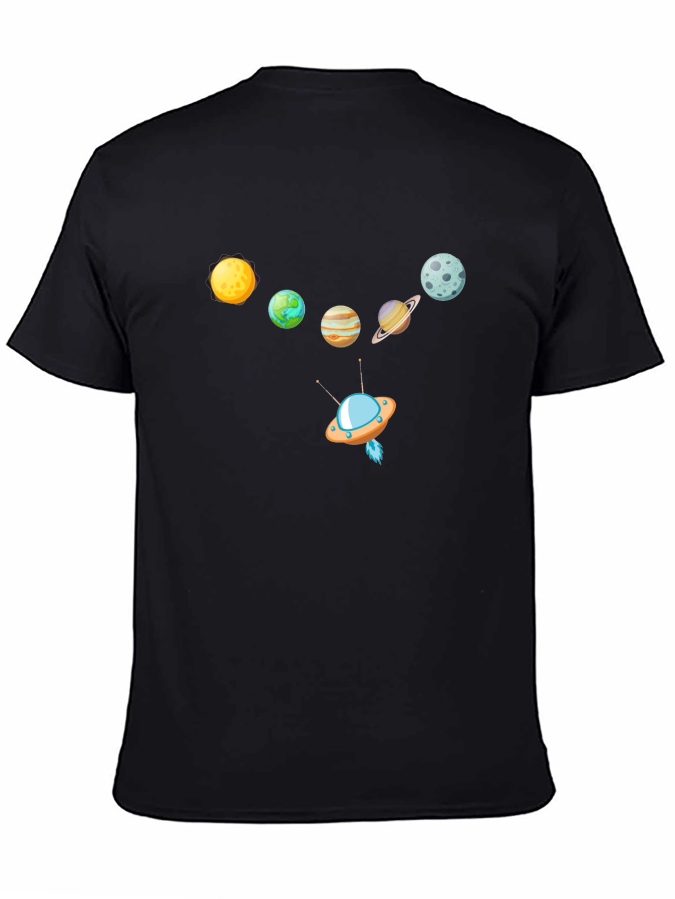 Planets & UFO Graphic Print Black T-Shirt