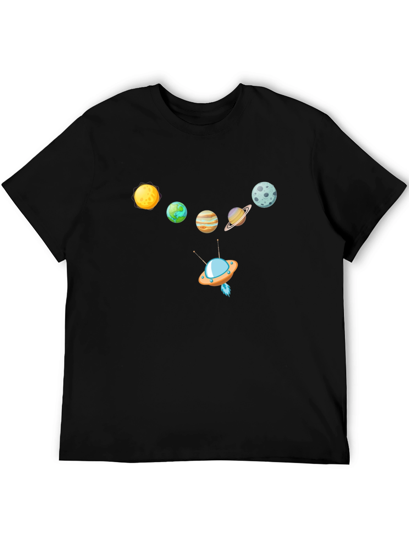 Planets & UFO Graphic Print Black T-Shirt