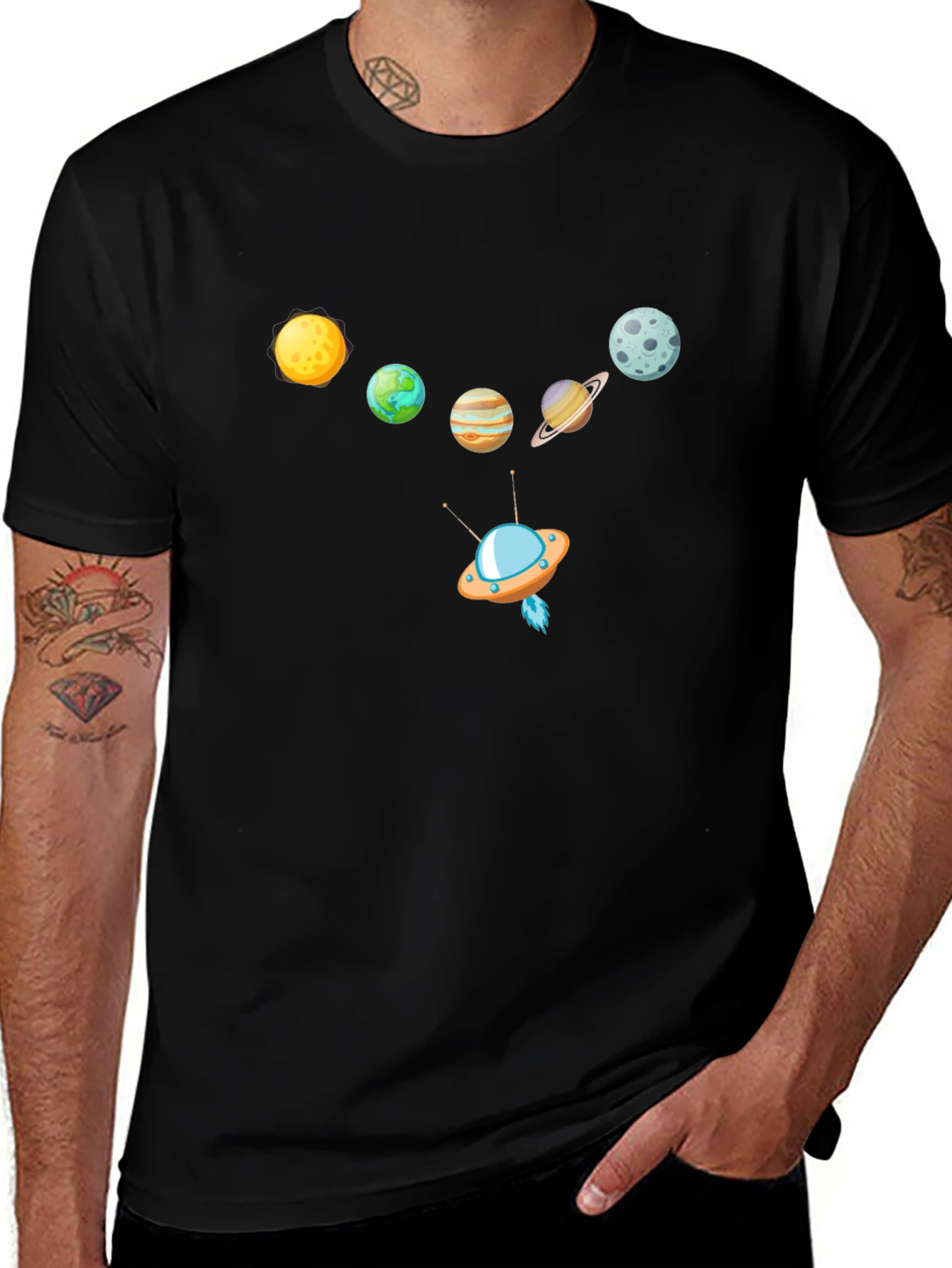 Planets & UFO Graphic Print Black T-Shirt