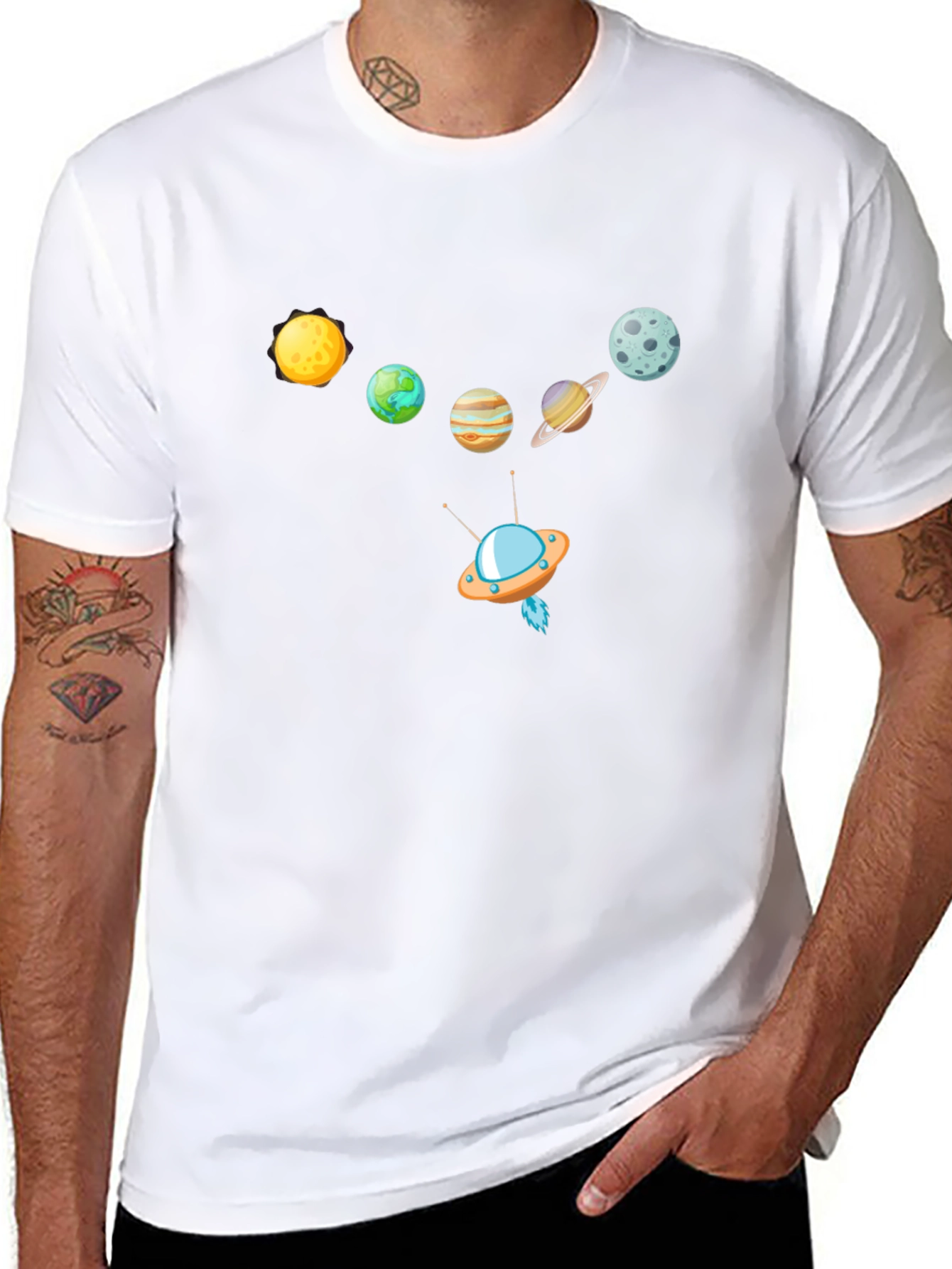Planets & UFO Graphic Print Black T-Shirt