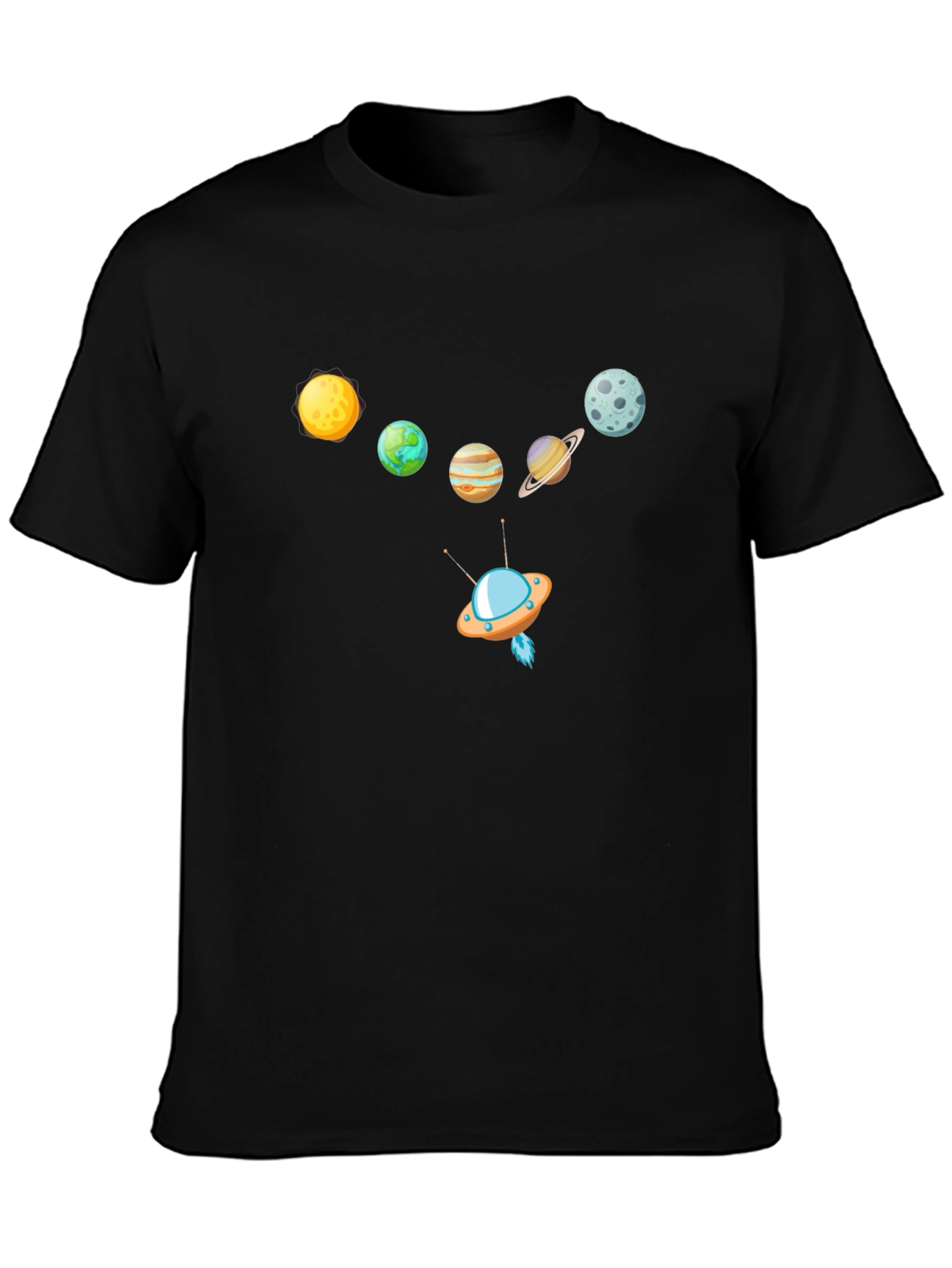 Planets & UFO Graphic Print Black T-Shirt