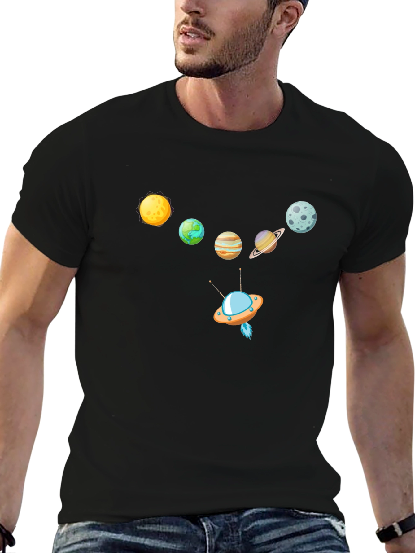Planets & UFO Graphic Print Black T-Shirt
