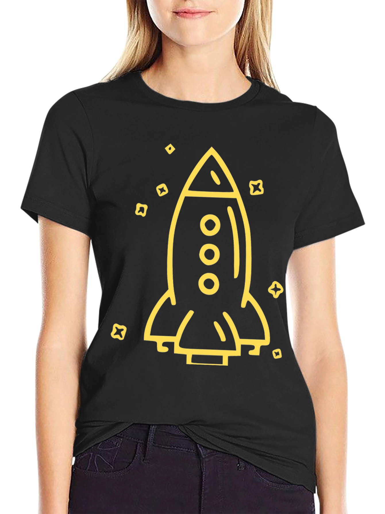 Rocket Ship Graphic Tee - Black Cotton T-Shirt
