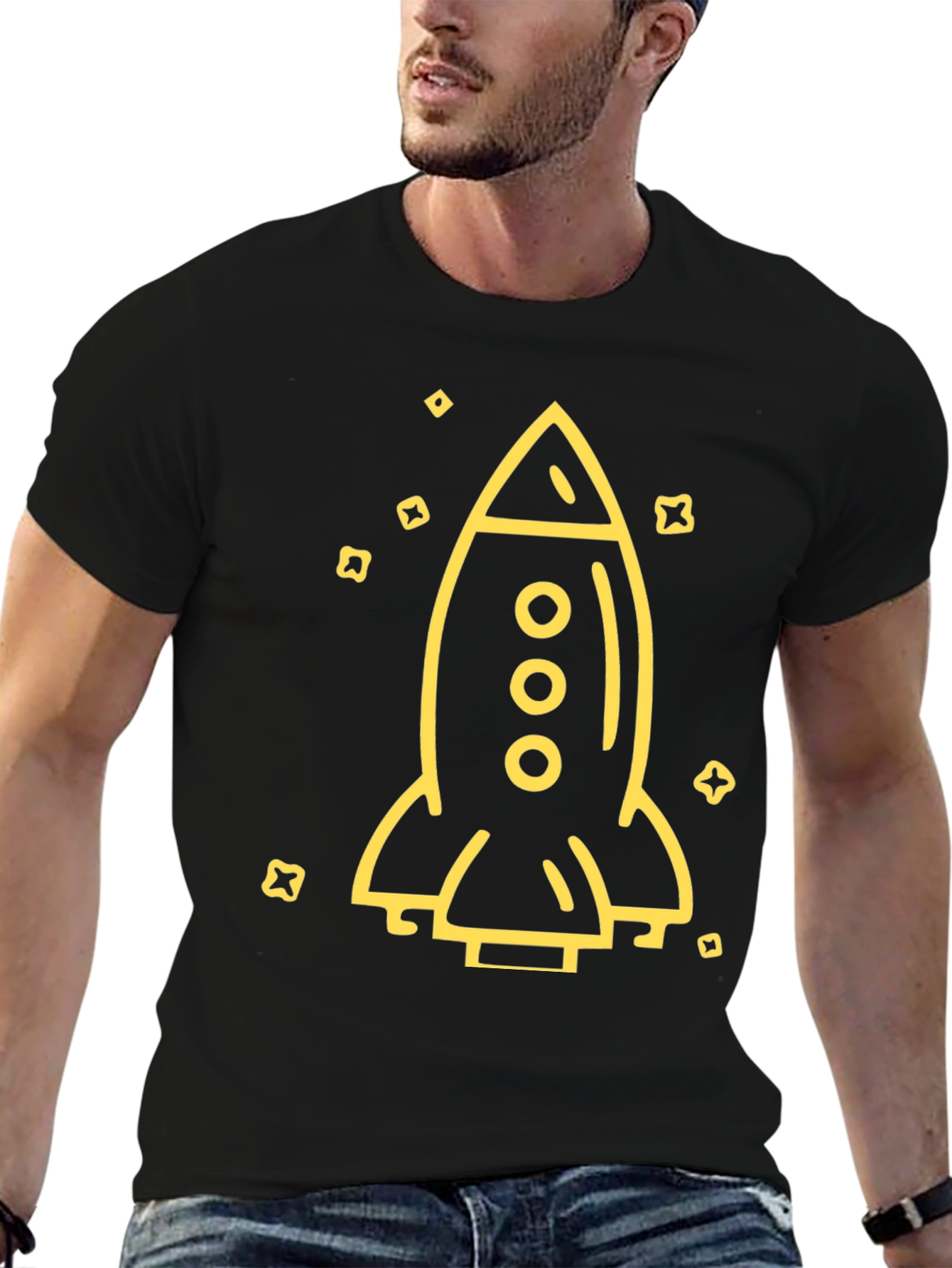 Rocket Ship Graphic Tee - Black Cotton T-Shirt