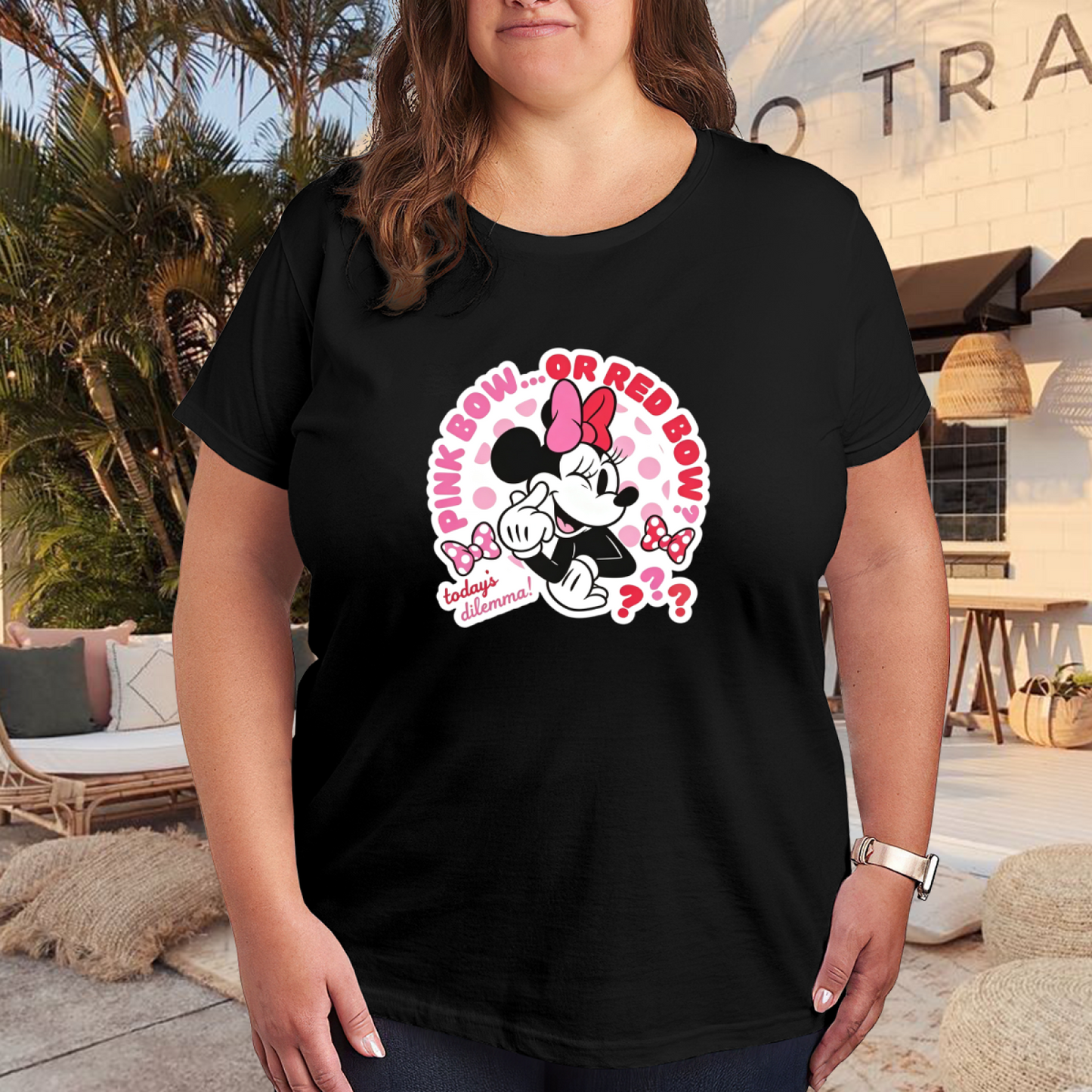 Fun Minnie Mouse Pink Or Red Bow Dilemma Plus Size Women Casual Tee
