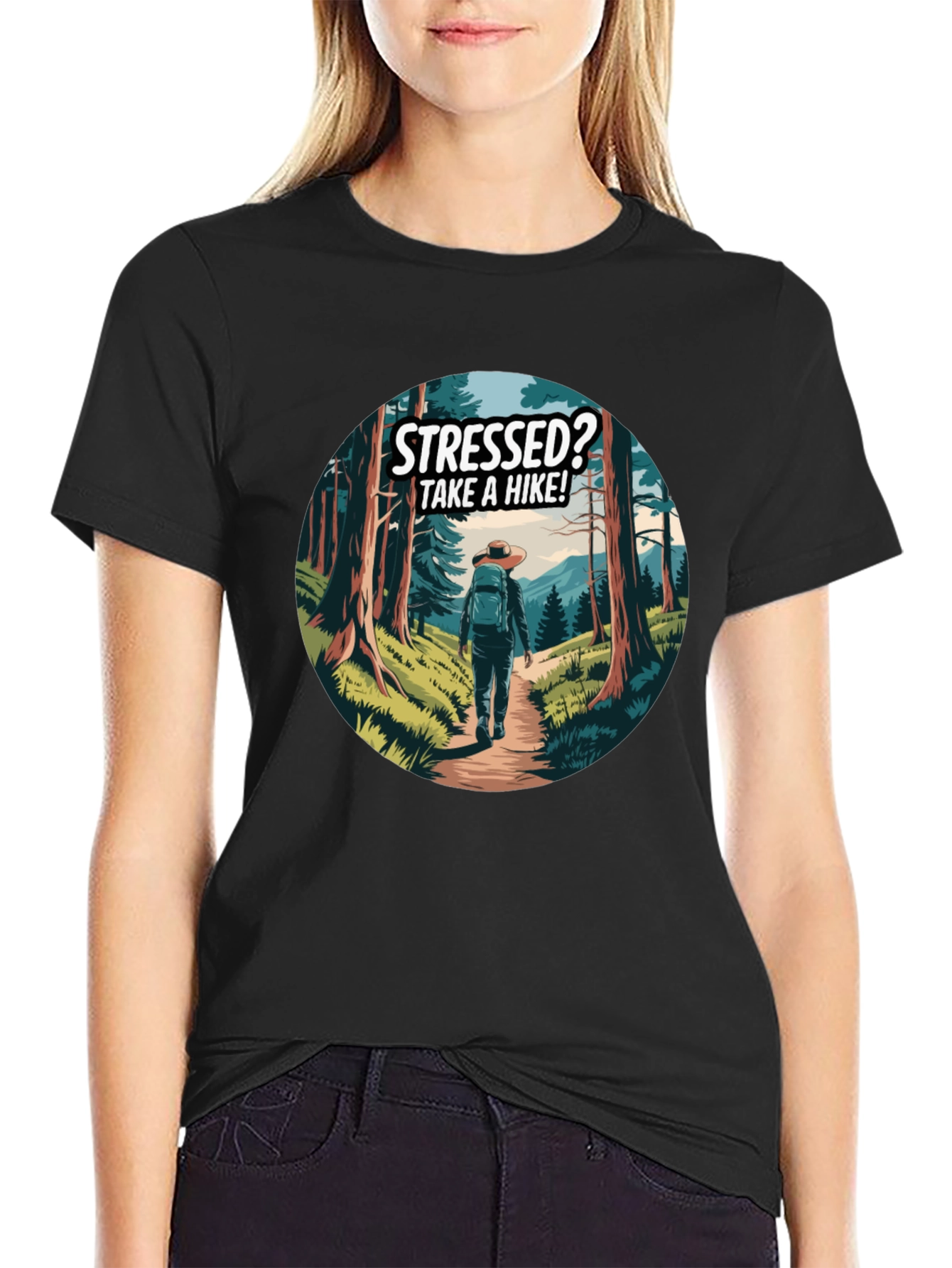 Stressed? Take a Hike! Black Graphic Tee