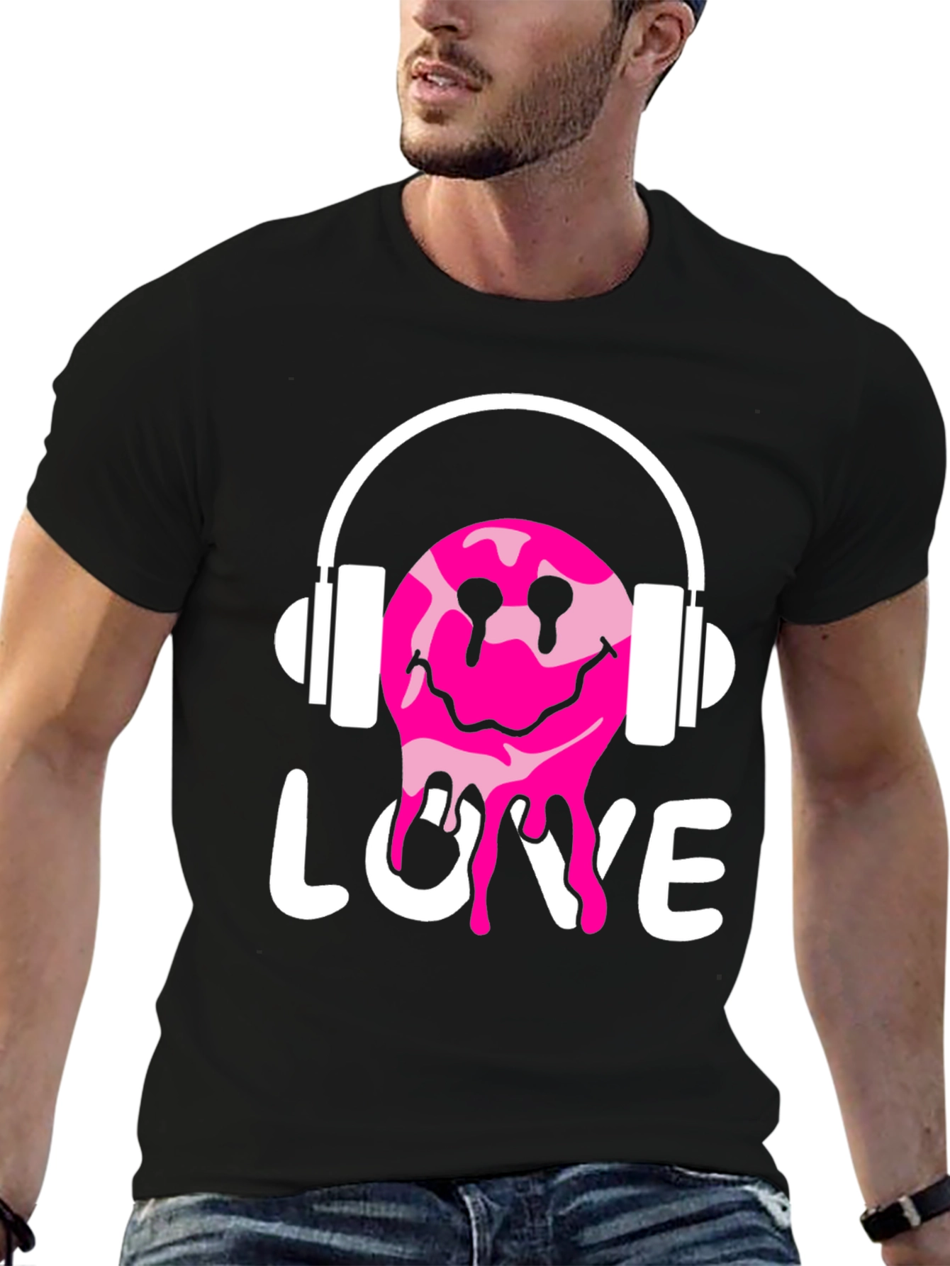 Love Drip Smiley Face Headphones Graphic Tee