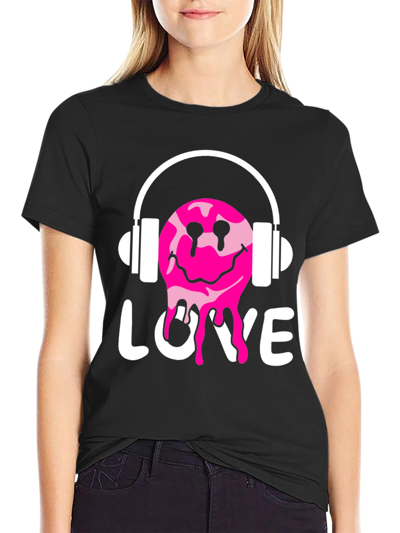 Love Drip Smiley Face Headphones Graphic Tee