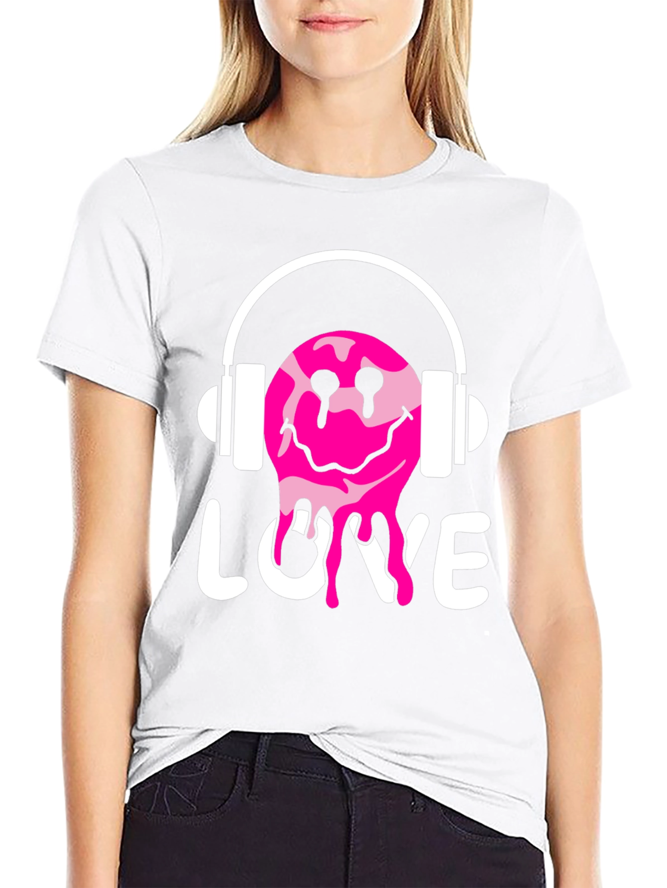 Love Drip Smiley Face Headphones Graphic Tee