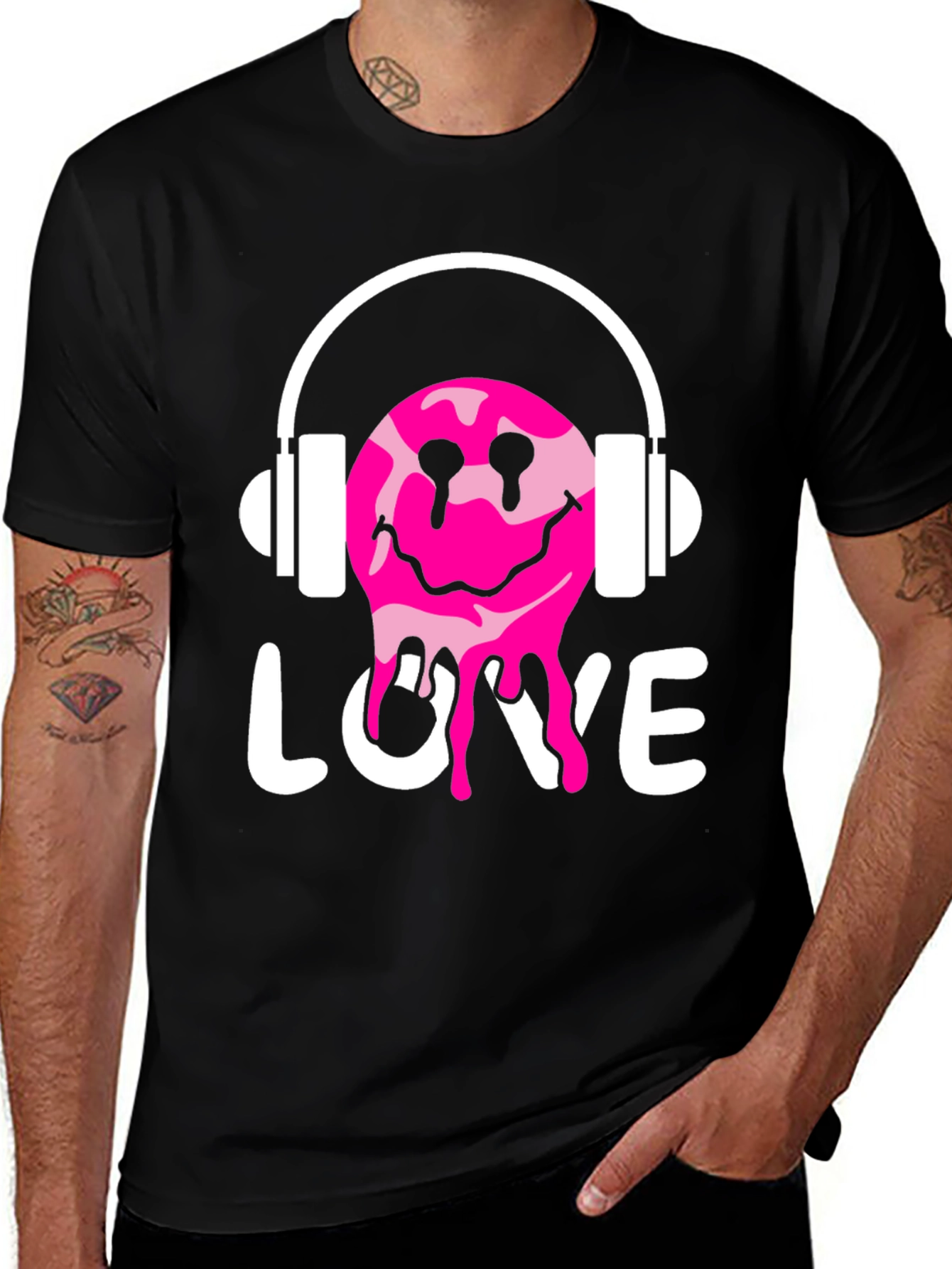 Love Drip Smiley Face Headphones Graphic Tee