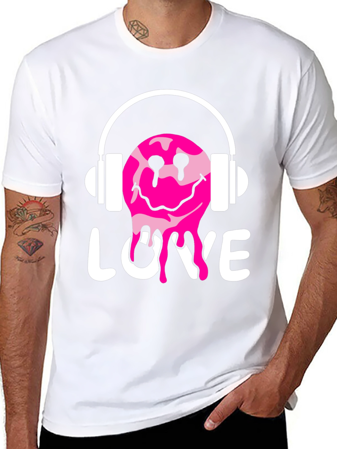 Love Drip Smiley Face Headphones Graphic Tee