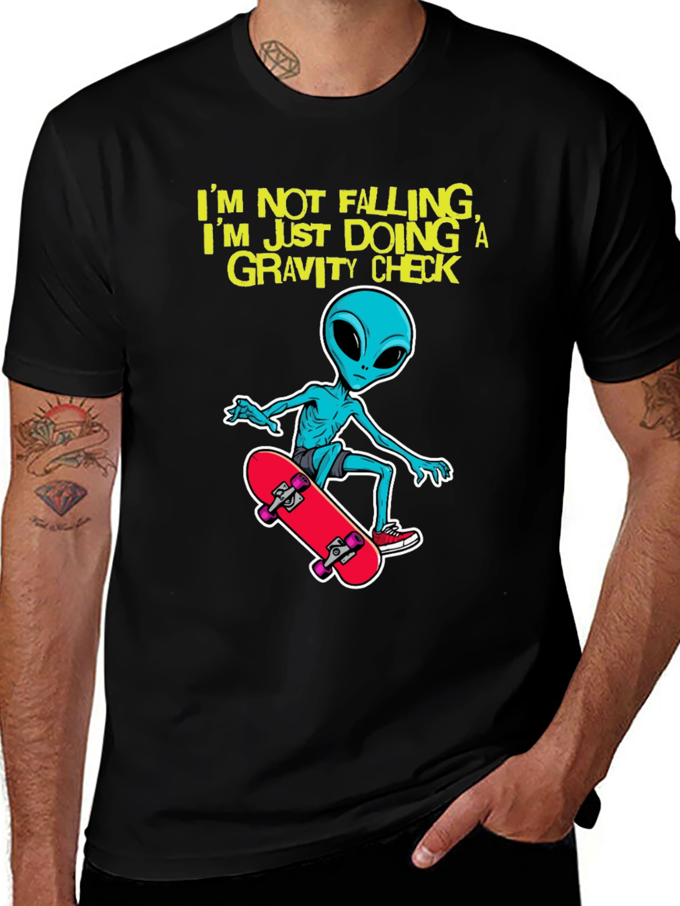 Alien Skateboarder T-Shirt: Gravity Check Design