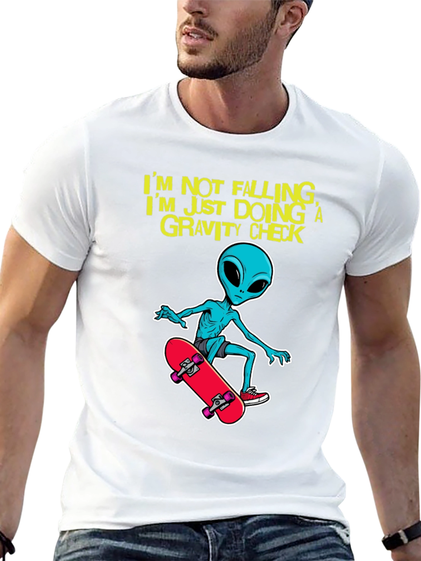 Alien Skateboarder T-Shirt: Gravity Check Design