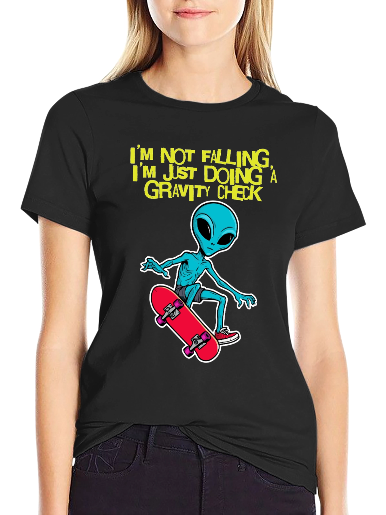 Alien Skateboarder T-Shirt: Gravity Check Design