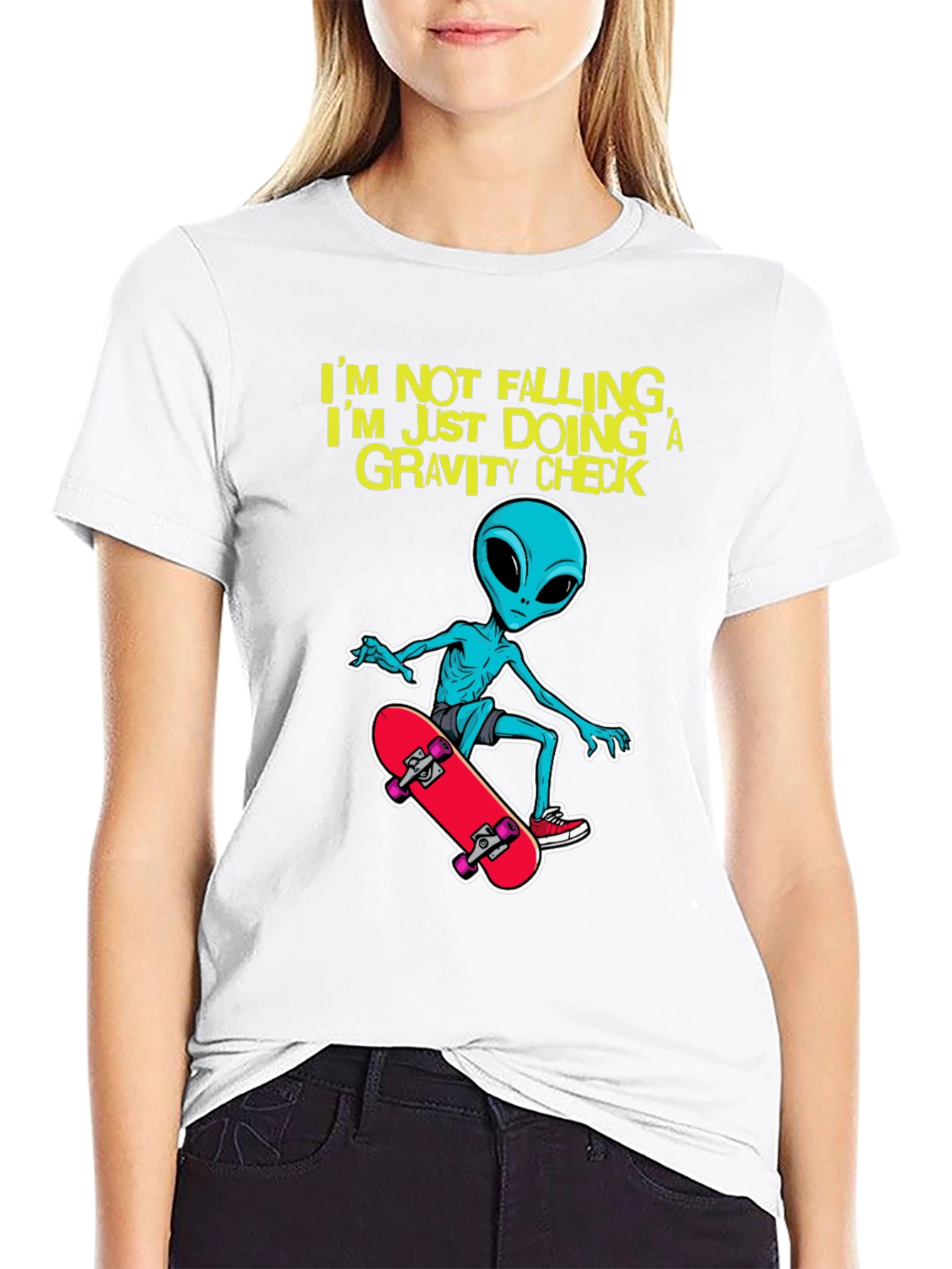 Alien Skateboarder T-Shirt: Gravity Check Design
