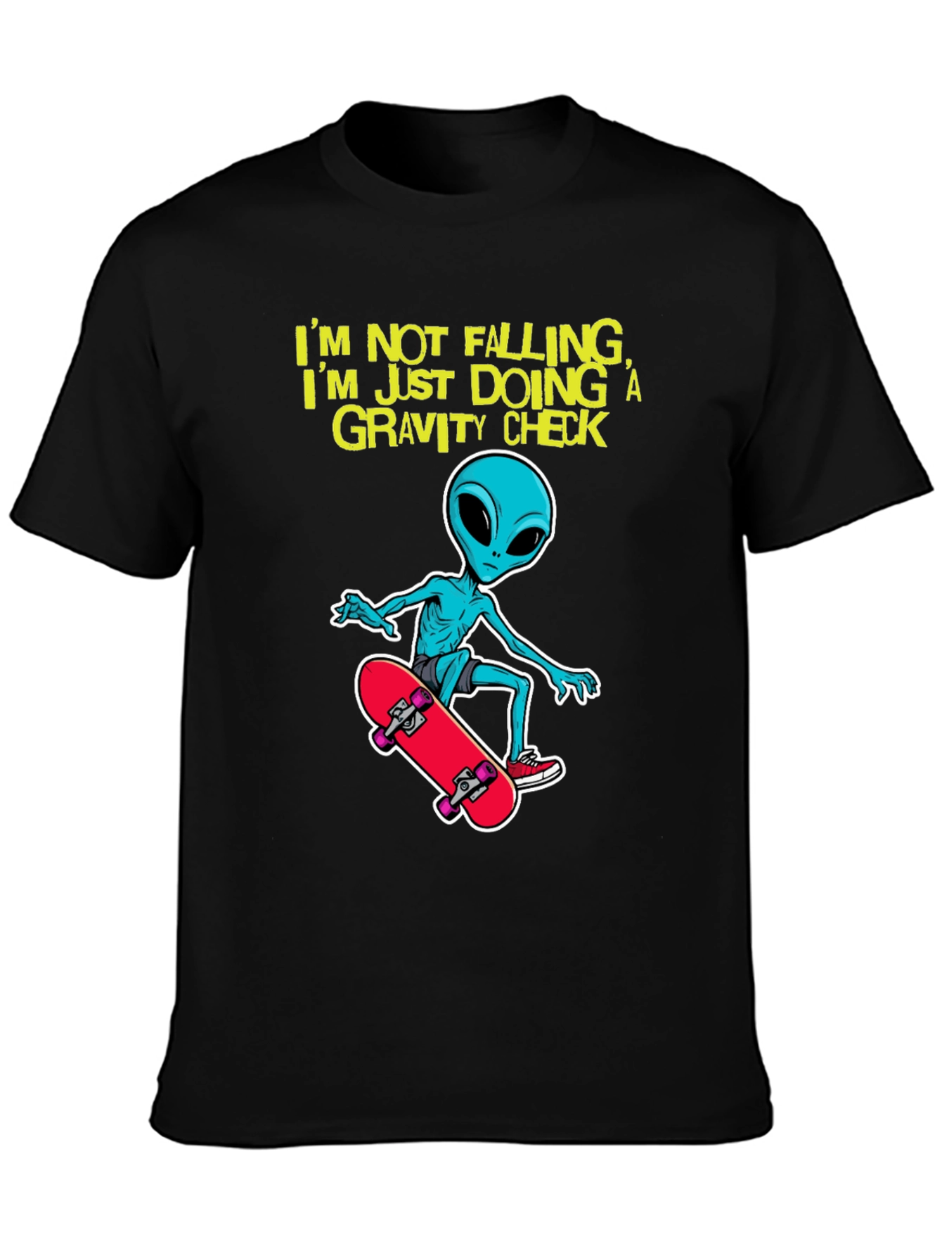 Alien Skateboarder T-Shirt: Gravity Check Design