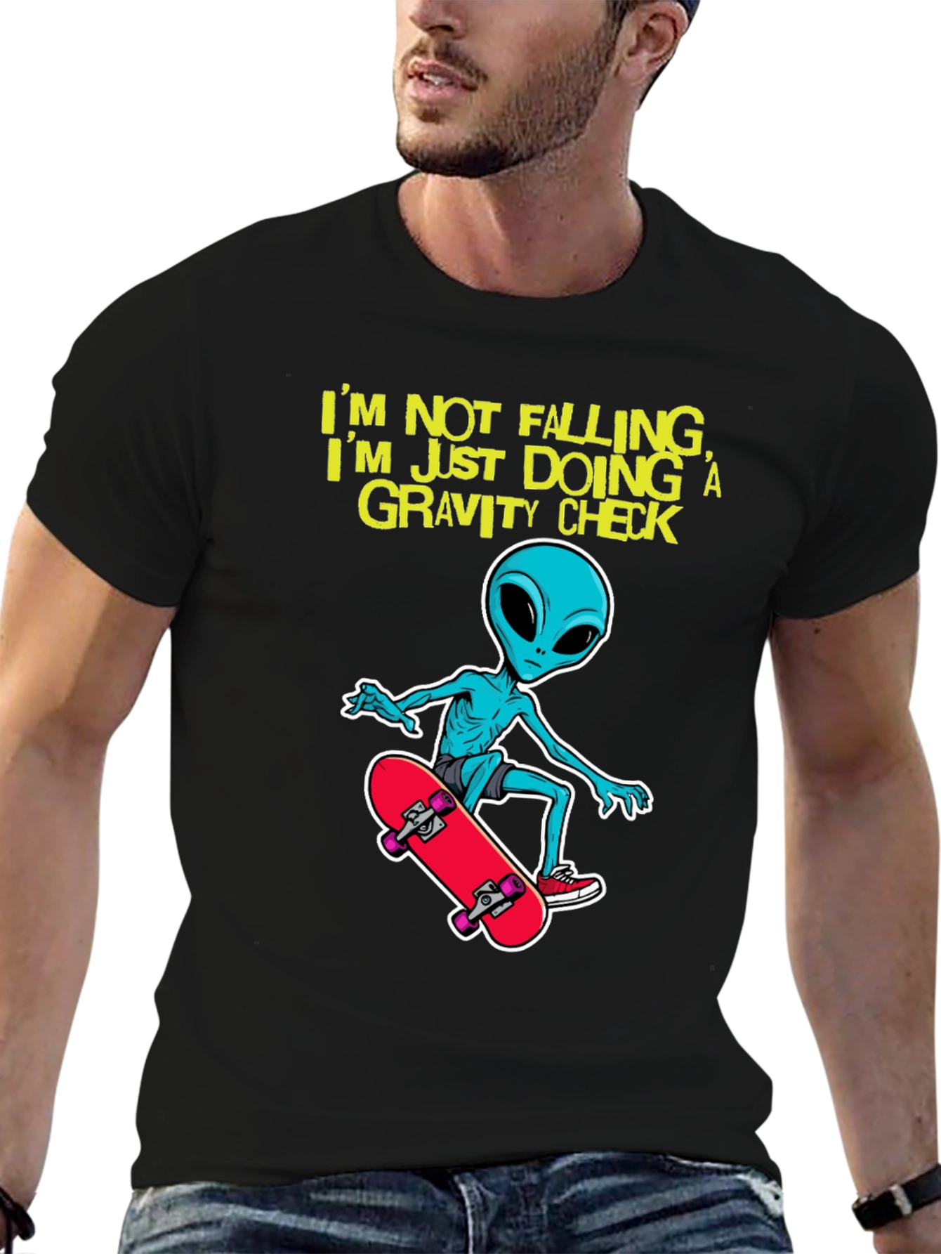 Alien Skateboarder T-Shirt: Gravity Check Design