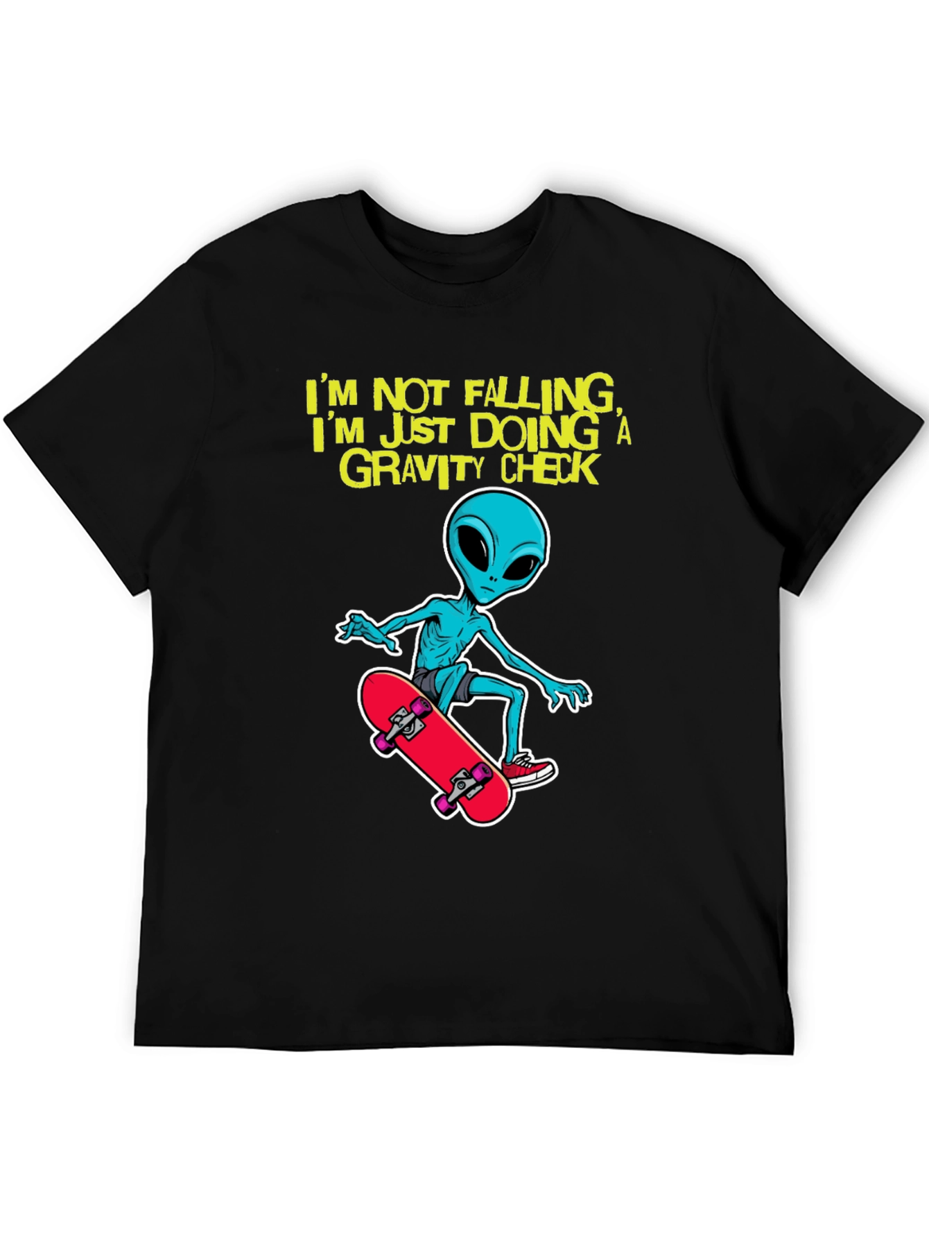 Alien Skateboarder T-Shirt: Gravity Check Design