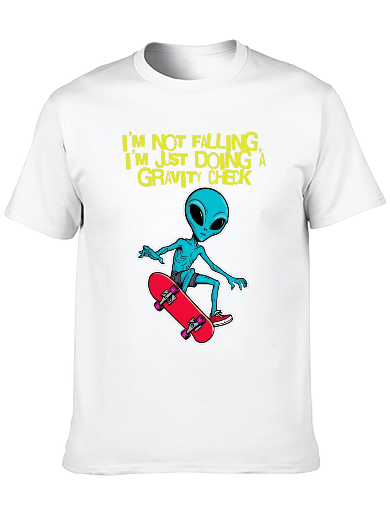 Alien Skateboarder T-Shirt: Gravity Check Design